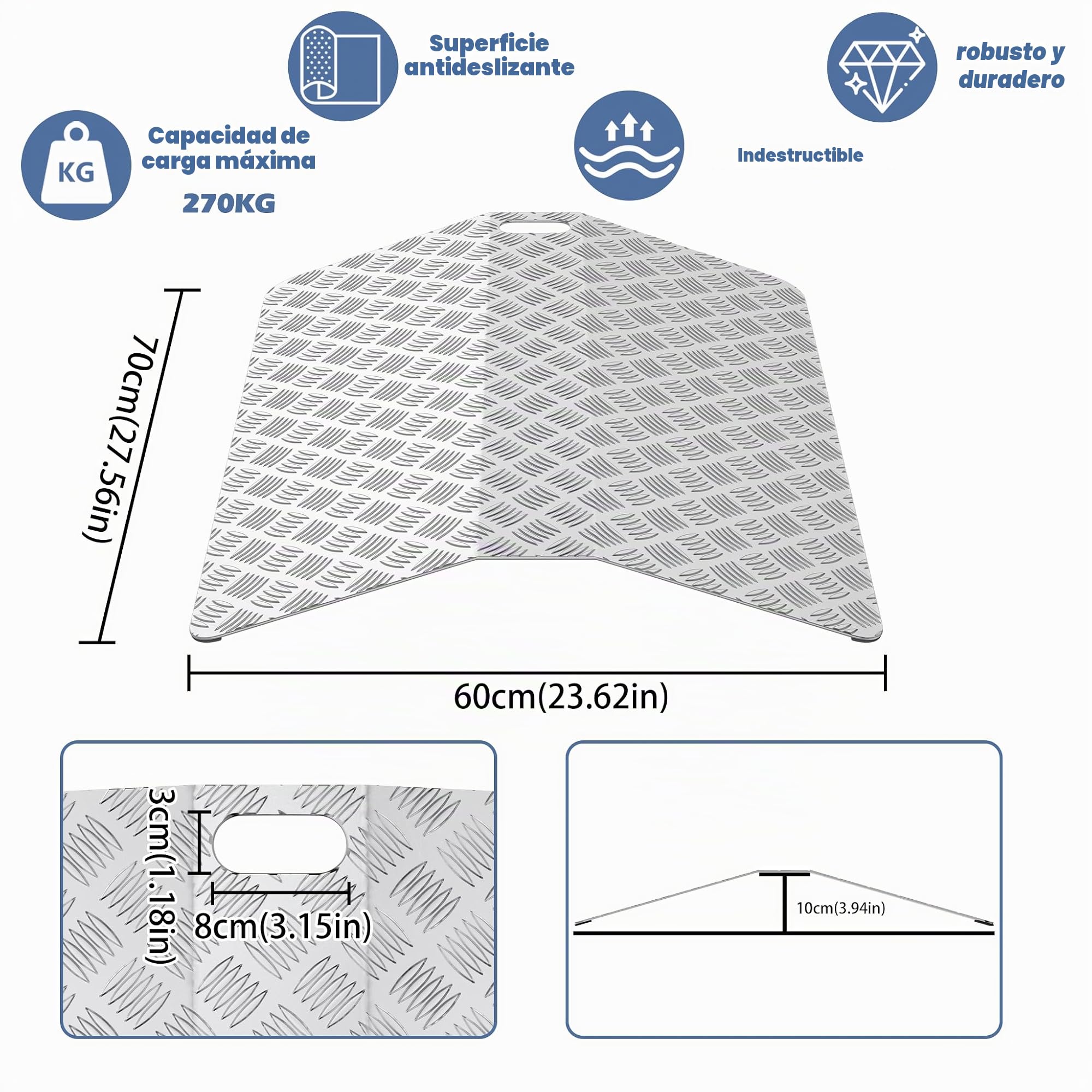 Rampa de umbral para silla de ruedas, 60 cm de longitud, rampa de umbral de aluminio para silla de ruedas, antideslizante, para entradas, peldaños, 70 x 60 x 10 cm