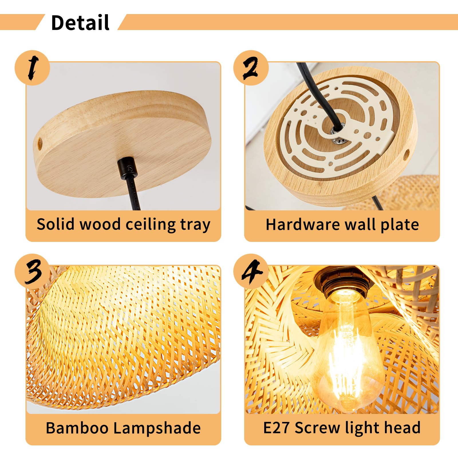 Lámpara colgante de bambú, 11.8 pulgadas, tejida a mano, de mimbre natural, lámpara colgante bohemia beige, lámpara de techo de comedor de isla rústica para sala de estar, cocina, granja, 5