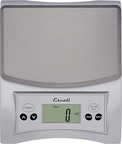 Escali Aqua A115S - Báscula para líquidos, medidas específicas de Garvity, plataforma de acero inoxidable extraíble, temporizador integrado,