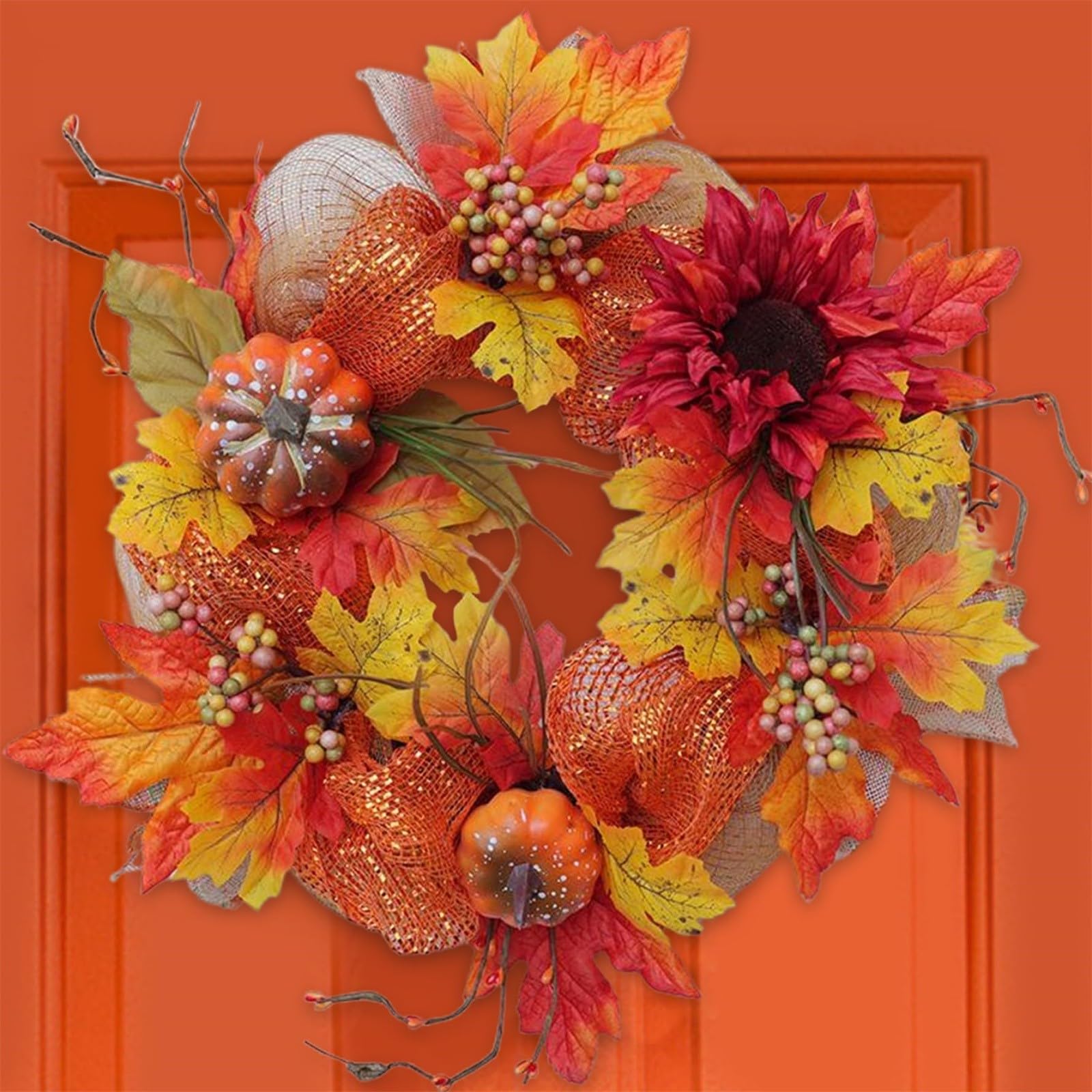 Couronne décorative, Couronne d'automne avec Feuille d'érable Couronne d'automne Porte d'entrée Couronne Feuilles d'érable d'automne Couronnes Thanksgiving Halloween Décoration Porte Ferme Thanksgiv