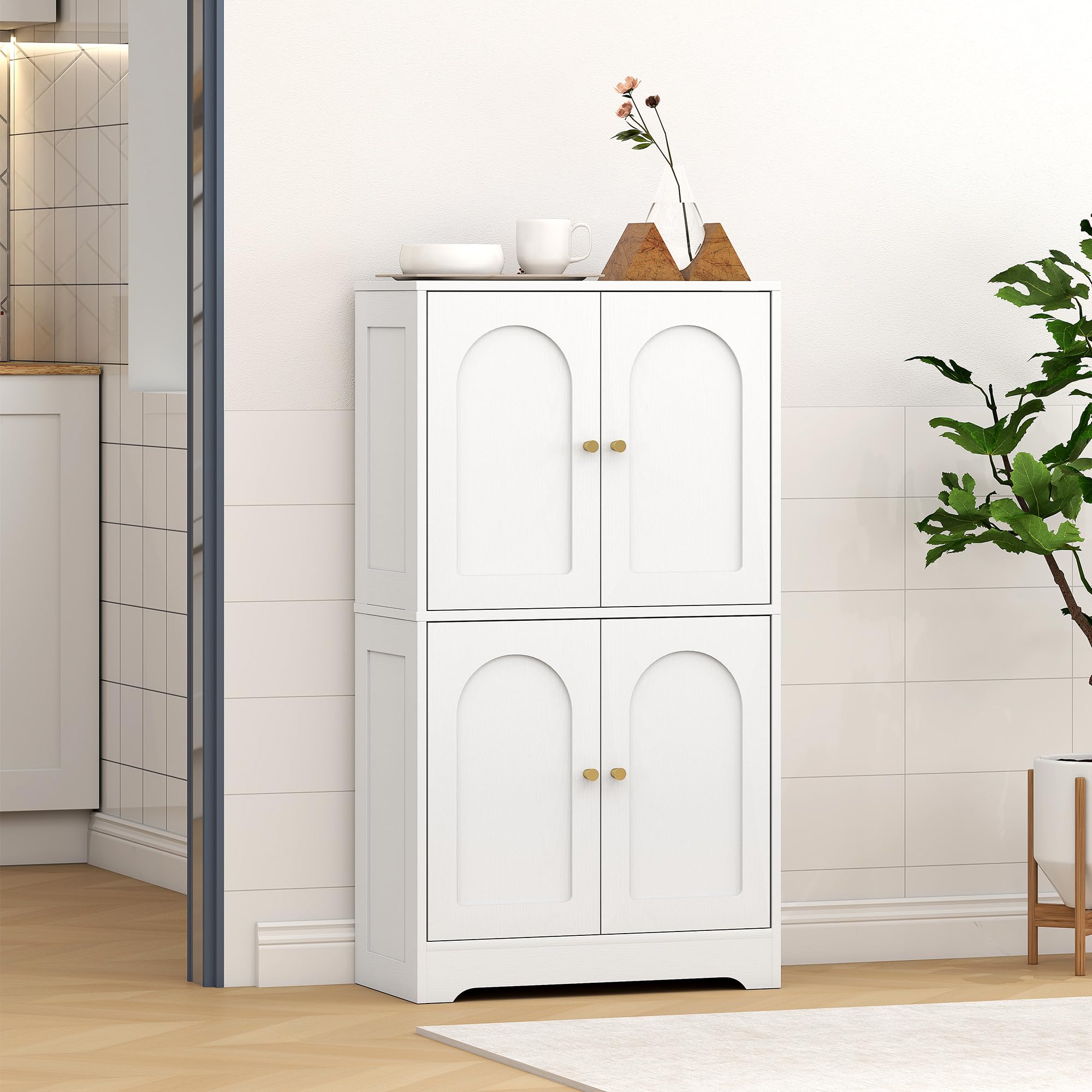 HOMCOM Credenza Cucina, Mobile Cucina Dispensa con 2 Armadietti, 4 Ante ad Arco, 2 Ripiani Regolabili, con Dispositivo Antiribaltamento, 60x30x110 cm, per Sala da Pranzo, Soggiorno, Bianco