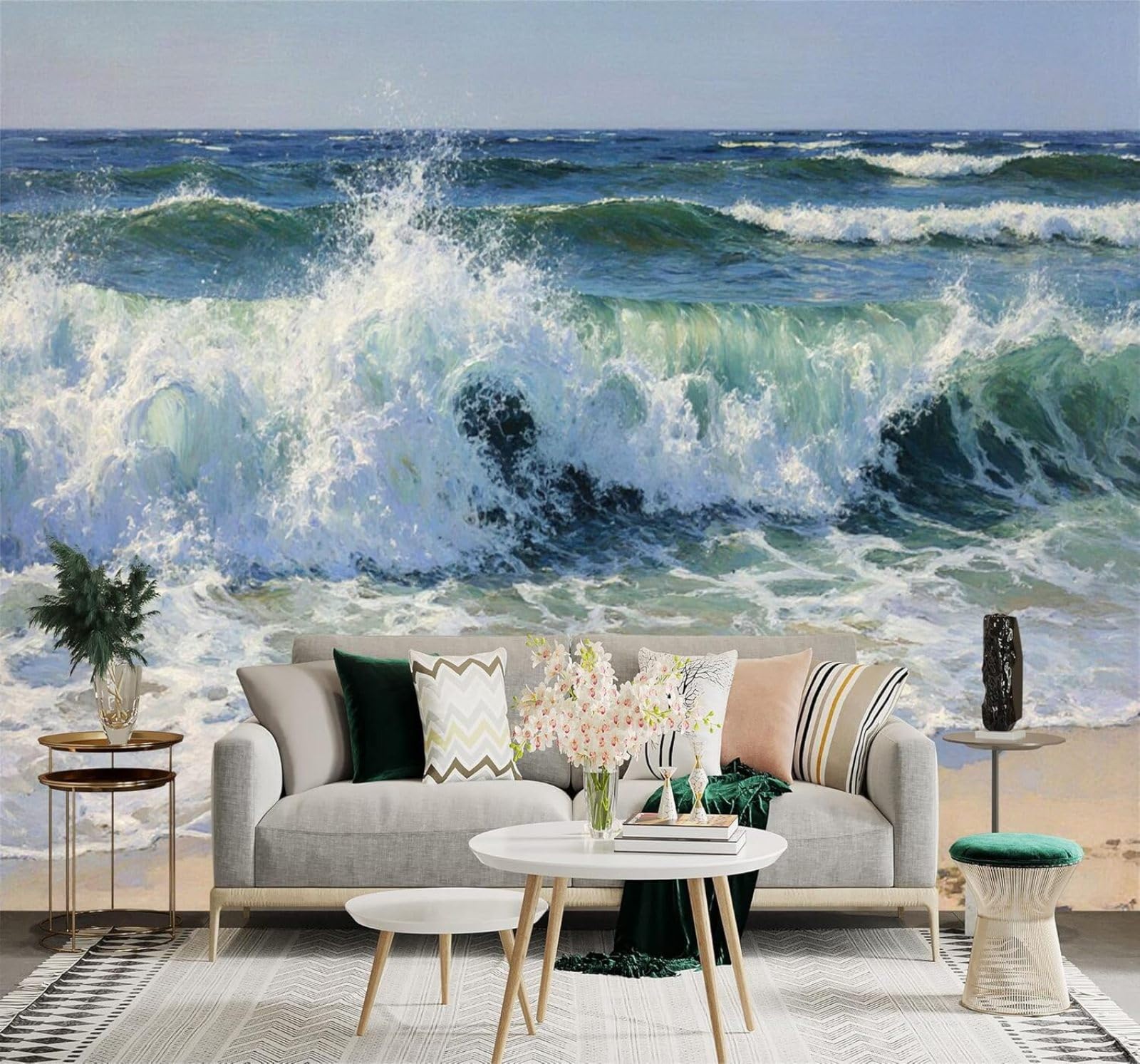 XLMING Three Dimensional Blue Sea Waves Beach Seascape 3D Wallpaper Premium Textured Silk Study Dining Living Room Bedroom Sofa TV Wall Easy Install-300cm×210cm