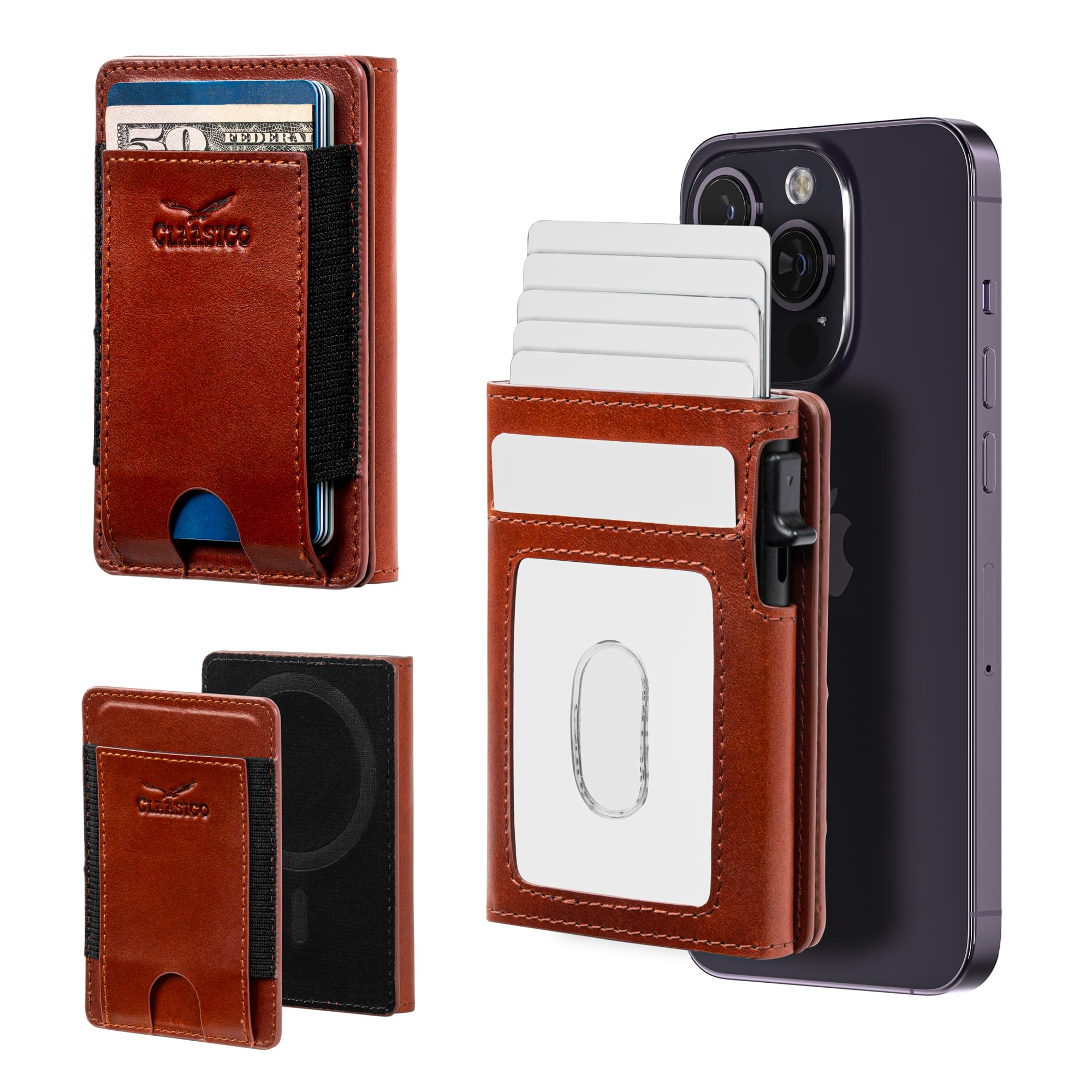 Claasico MagSafe Wallet for Men | RFID Blocking Slim Leather Card Holder with Pop-Up Mechanism | Ultra-Thin, Magnetic Design, Front Pocket Wallet,