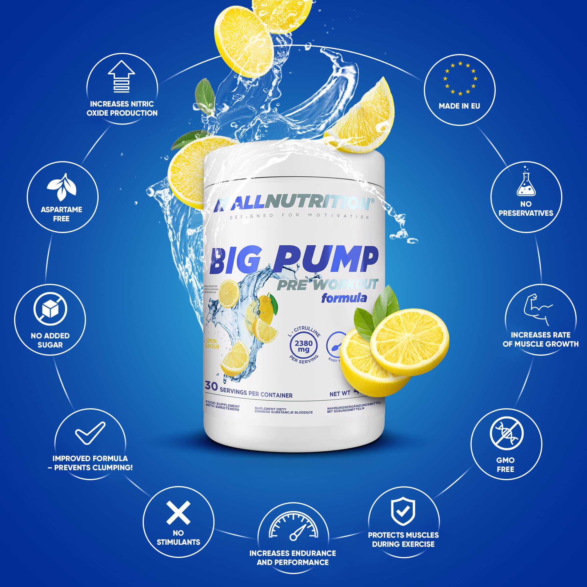 ALLNUTRITION Big Pump Odżywka dla Sportowców w Proszku - Przedtreningówka - Suplement z L-Cytruliną, L-Argininą, Tauryną, Beta Alaniną - Bez Stymulantów - 420g - Cytryna