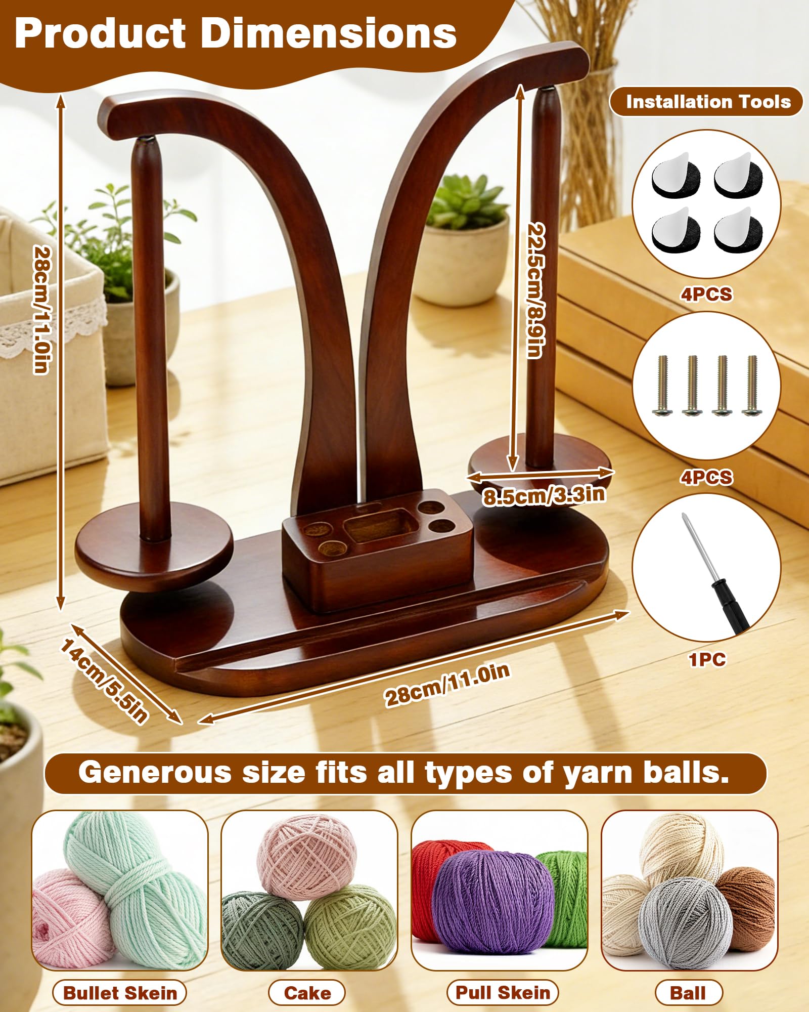 FIVEIZERO Double Magnetic Yarn Holder for Crocheting and Knitting, 360° Rotating Wooden Yarn Spinner with Phone Stand & Magnetic Storage Box, Ideal Gift for Knitting Lovers (Walnut Brown) - 3