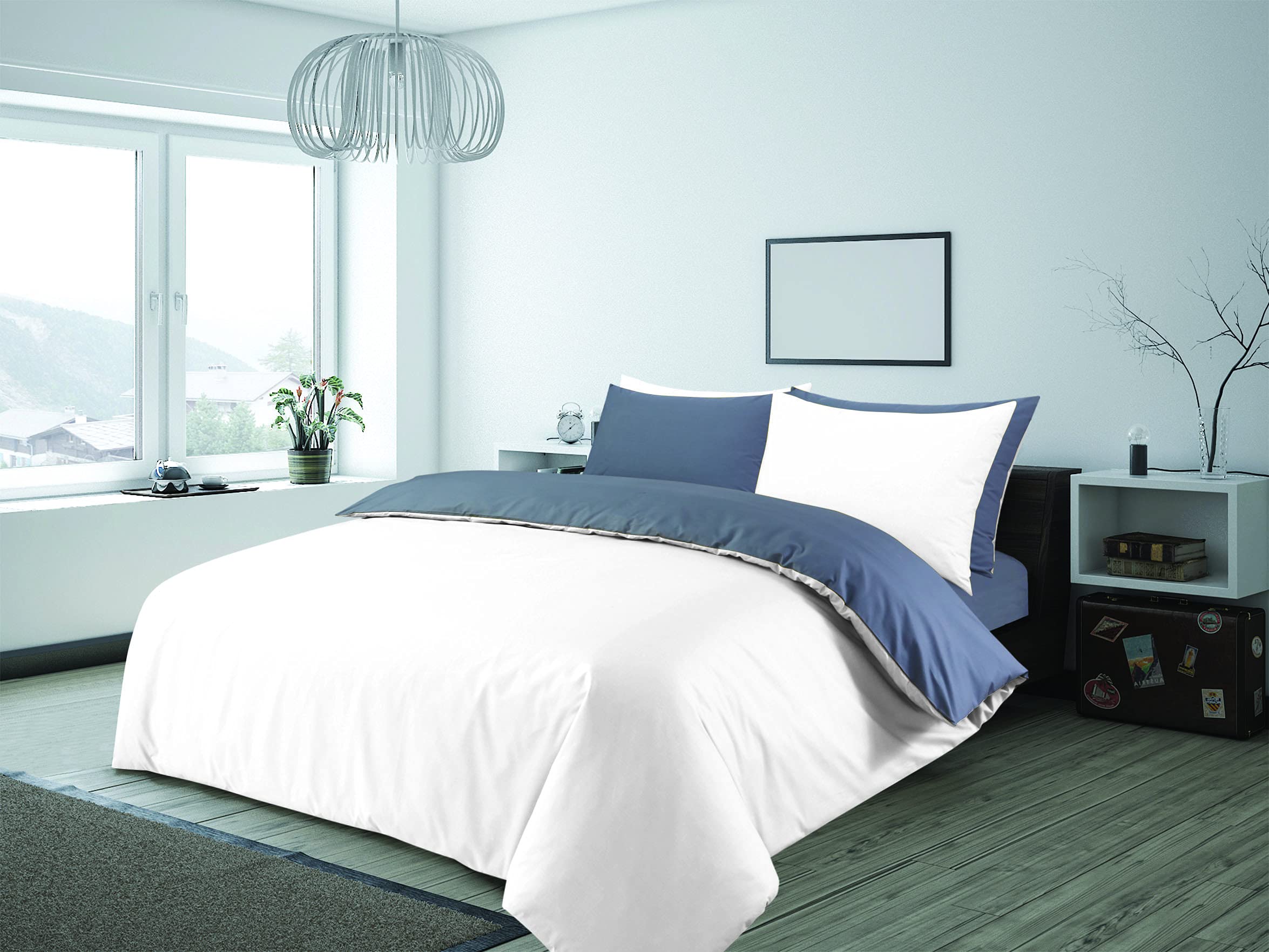 Charlotte Andersen White / Grey & Double Duvet Cover Plain Reversible Cotton Blended Bedding Set With Pillowcases