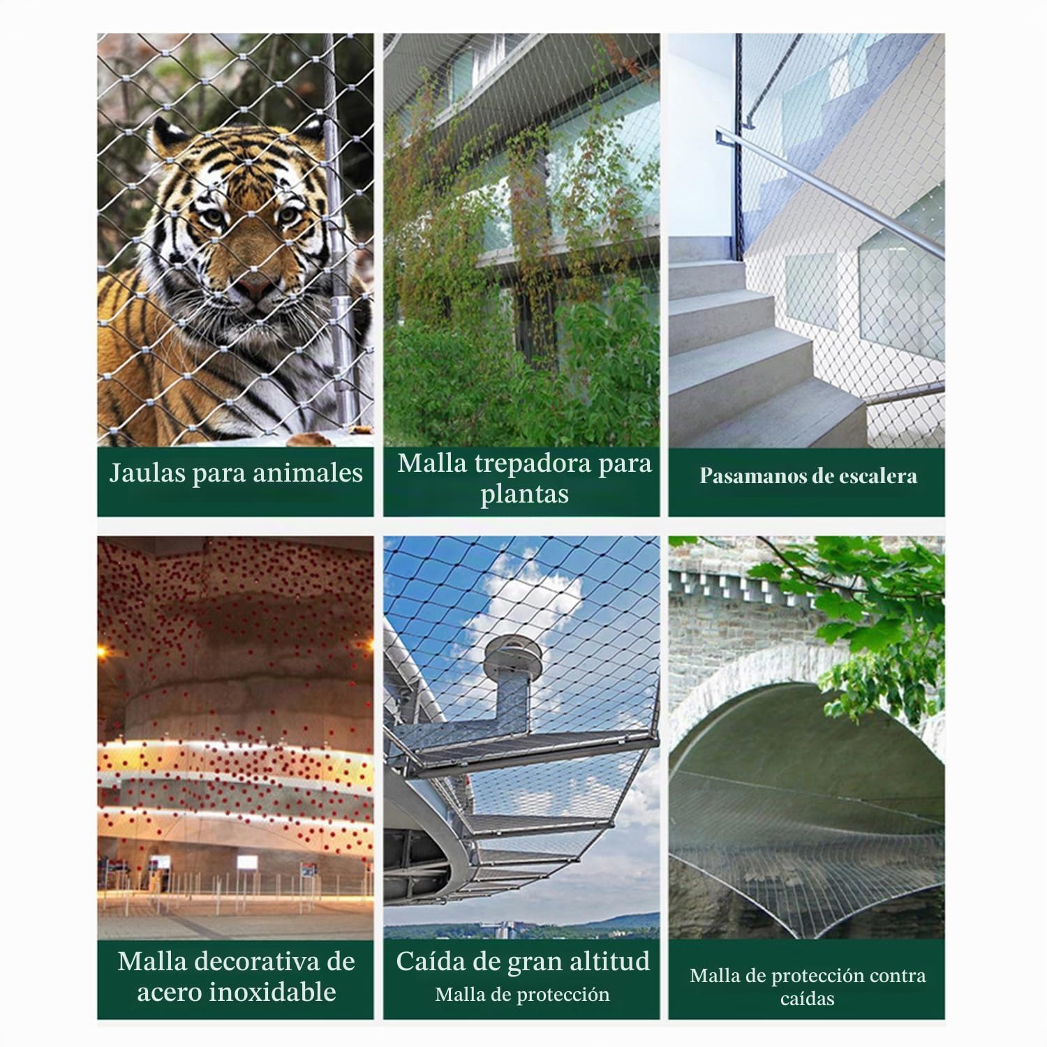 Red de Cuerda Acero Inoxidable 304,Malla Flexible Inoxidable Seguridad para jaulas zoológico Balcones escaleras protección trepar Planta(Orificio 10cm/2mm,3x1m)