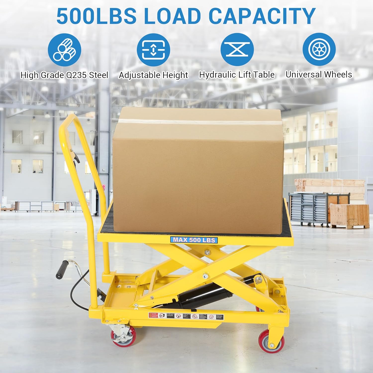500 LB Capacity Single Scissor Hydraulic Lift Table Cart – 28.7" Max Height, Non-Slip Platform with Wheels & Brakes for Warehouse Material Handling – Yellow