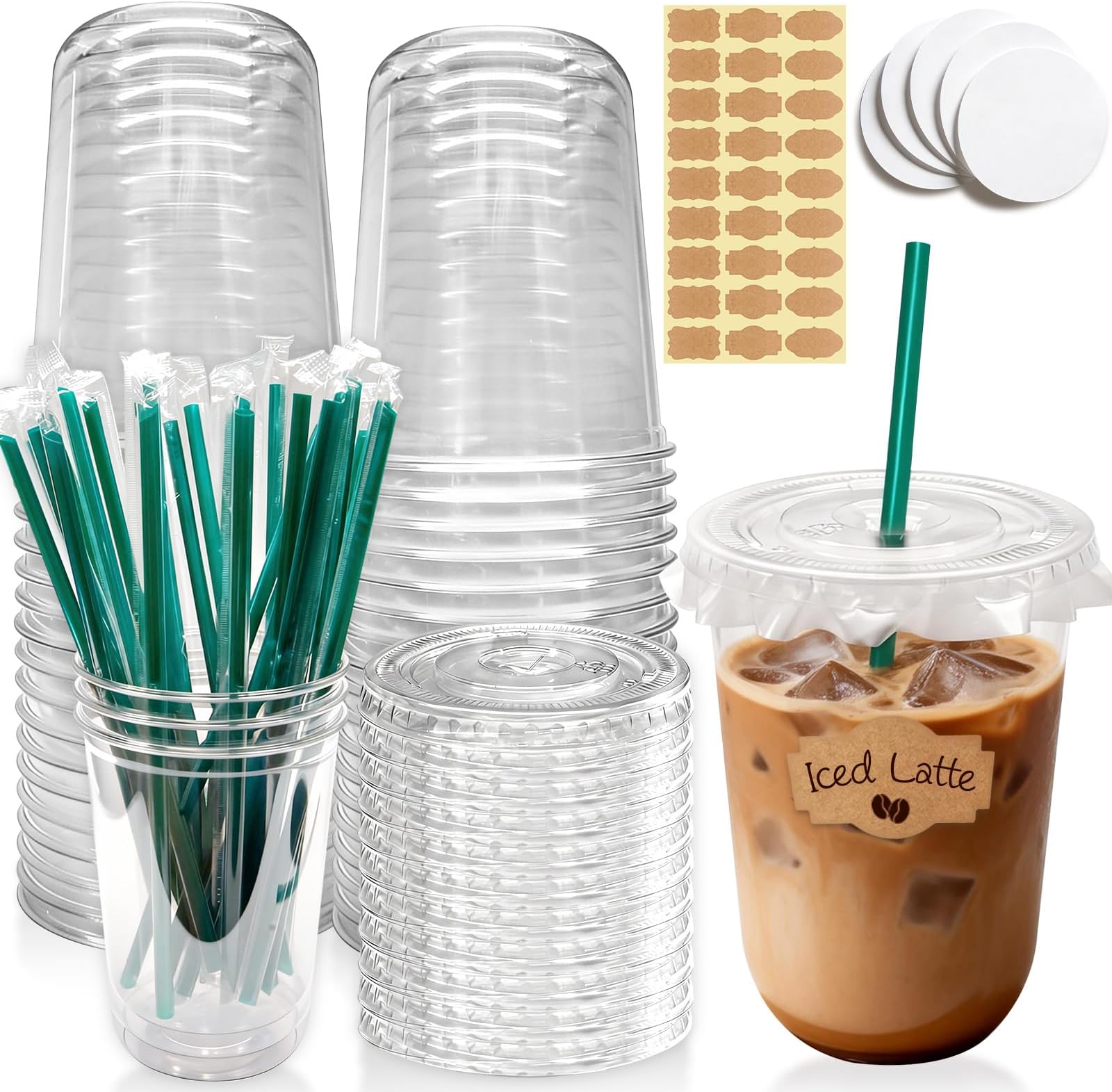 25 Sets 16 oz Clear Plastic Cups with Lids and Straws, Disposable Iced Coffee Cups for Cold Beverages, Smoothies, Bubble Tea, Includes Leak-Proof Paper and Stickers