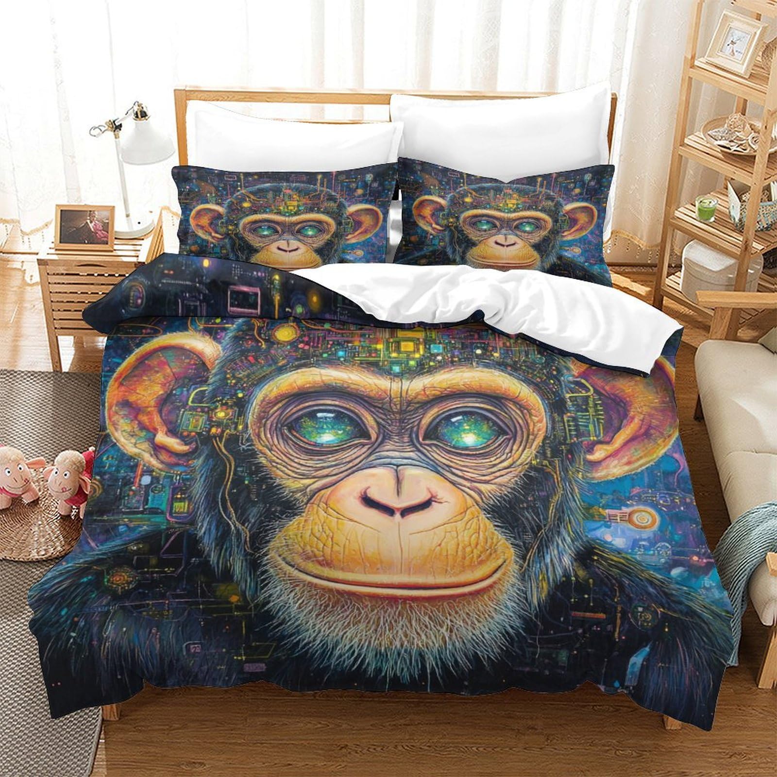 P1s9u7w5y Monkey Cosmic Inspired 3D Printed Duvet Cover Set 3Pcs Microfiber Animal Bedding Set Super King（260X220cm）