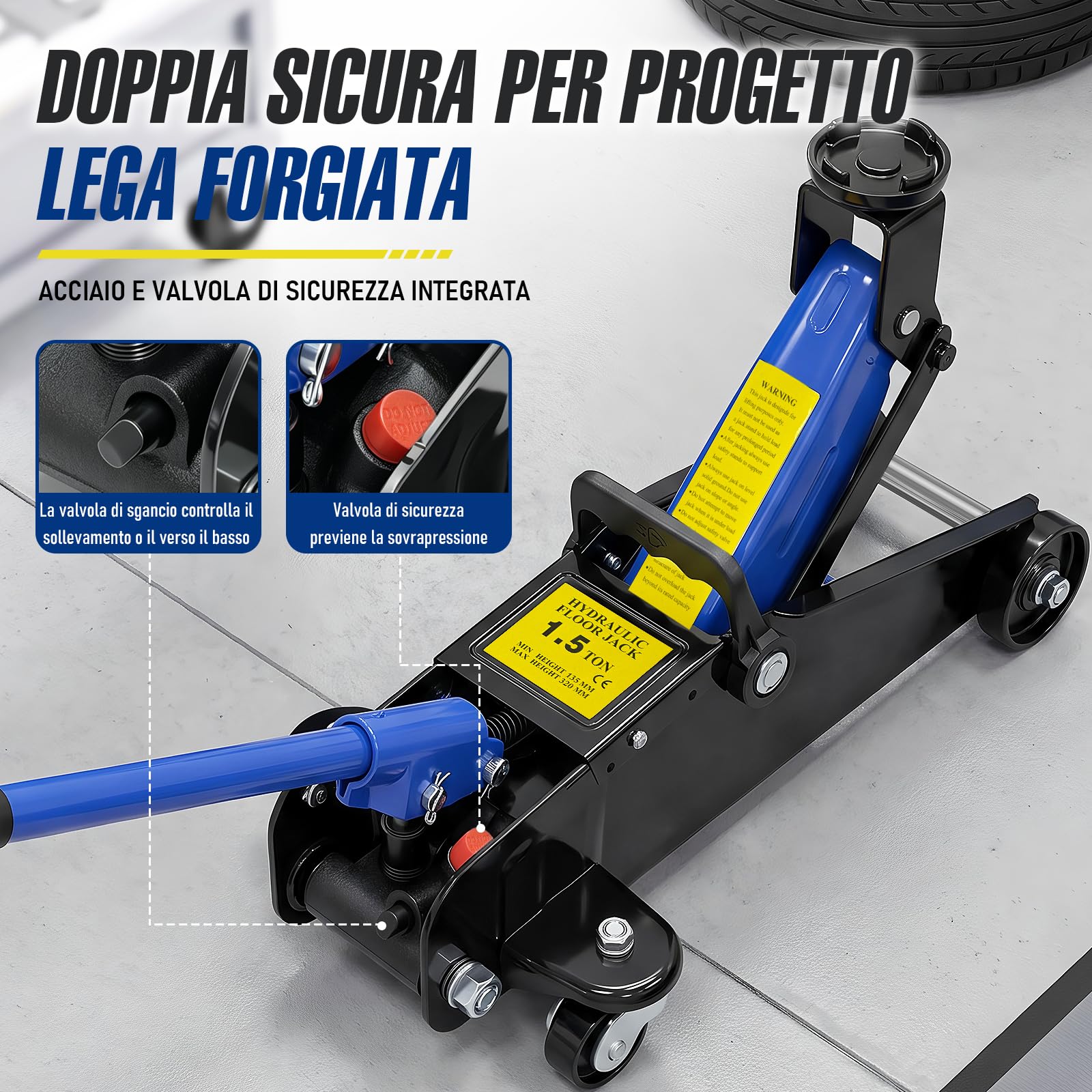 HYCHIKA Cric idraulico da 1,5 t, cric idraulico per auto, 135-320 mm, gamma di sollevamento per berlina, SUV, sostituzione pneumatici