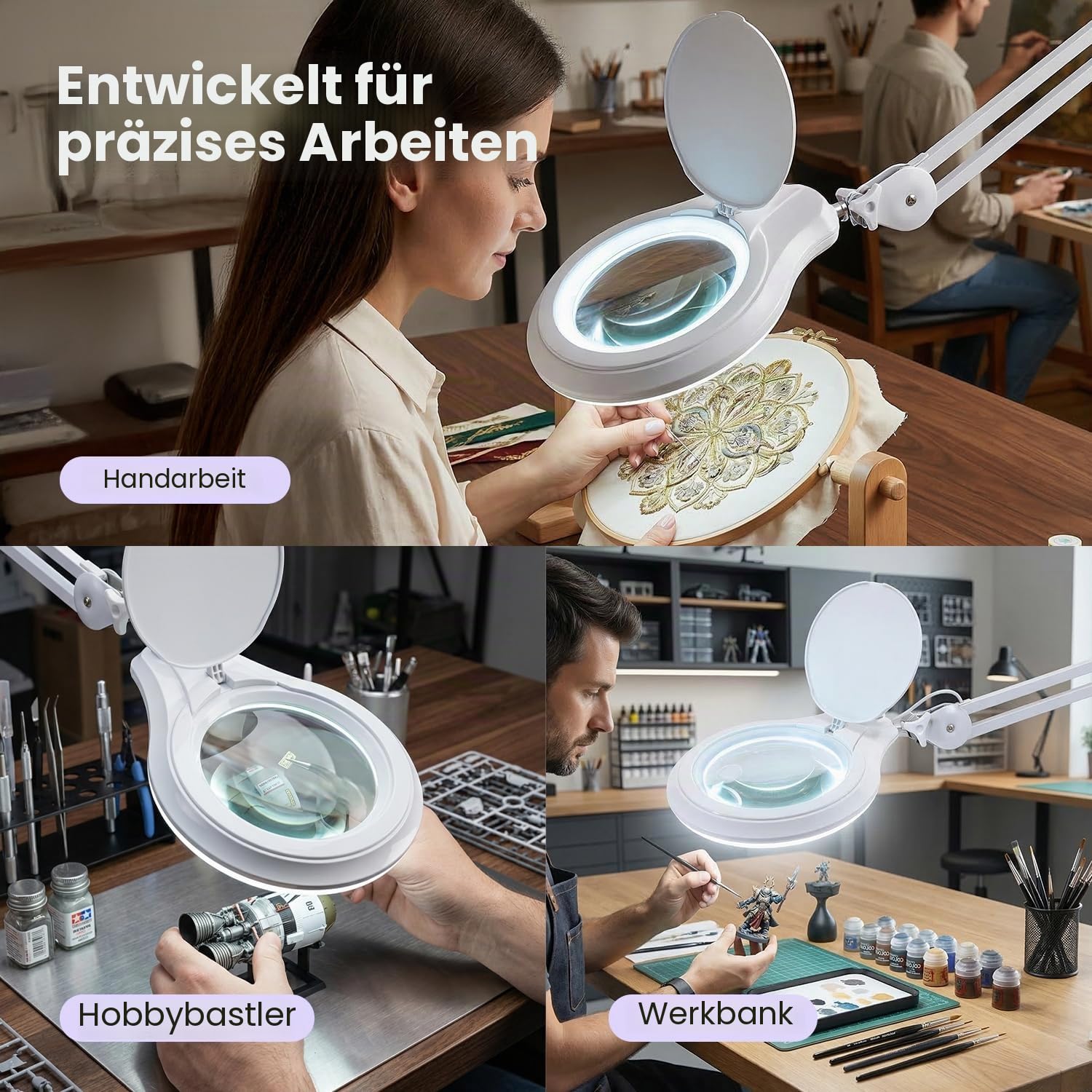 Neatfi LED-Lupenlampe mit Klemme, 1.200 Lumen – 12,7 cm 8-Dioptrien-Glaslinse, dimmbares Arbeitslicht | Verstellbarer Arm | Lesen, Nähen & Basteln (Weiß, 8 Dioptrien)