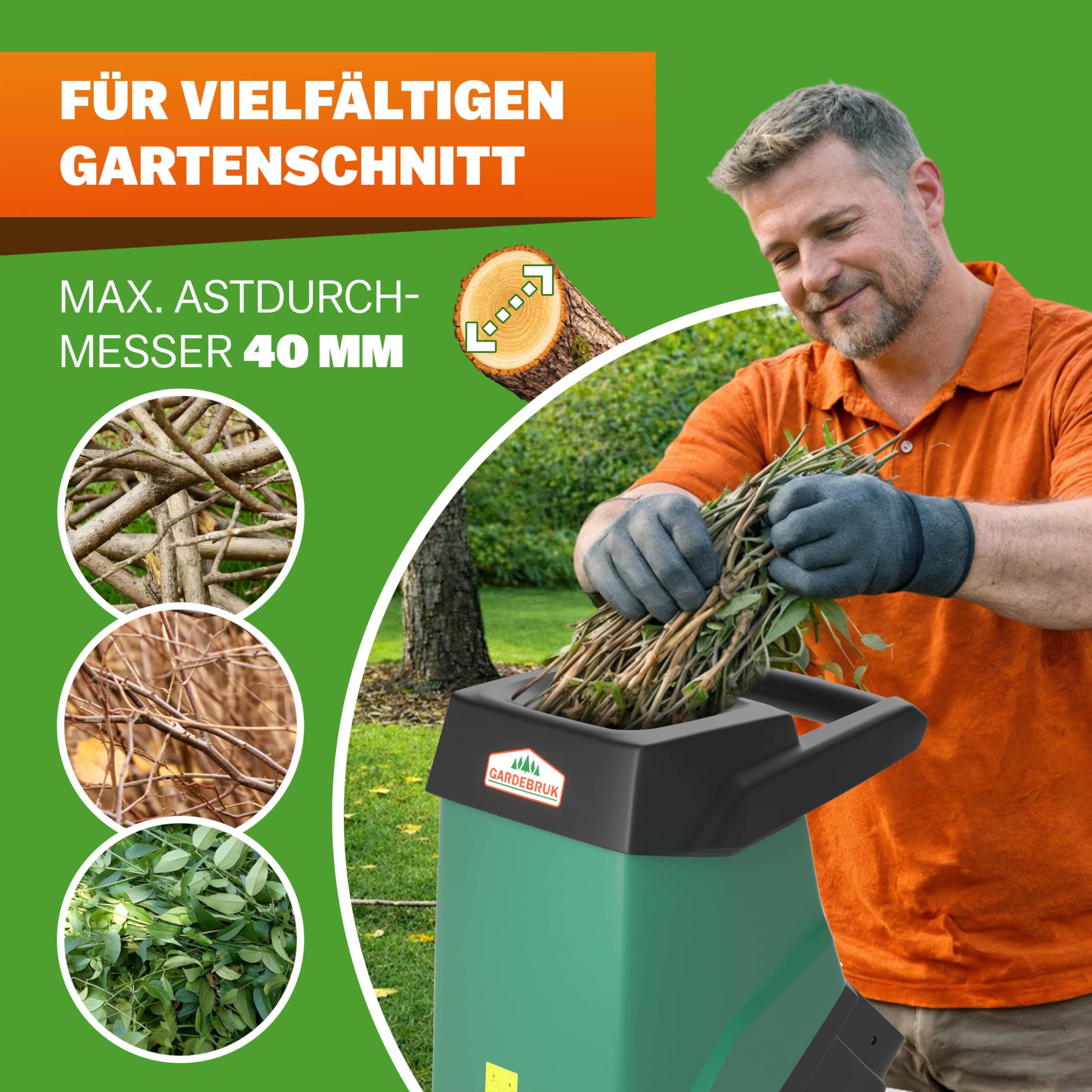 Gardebruk® Gartenhäcksler 3100 W 40 mm Aststärke Elektrisch 50 L Auffangbox Messerhäcksler