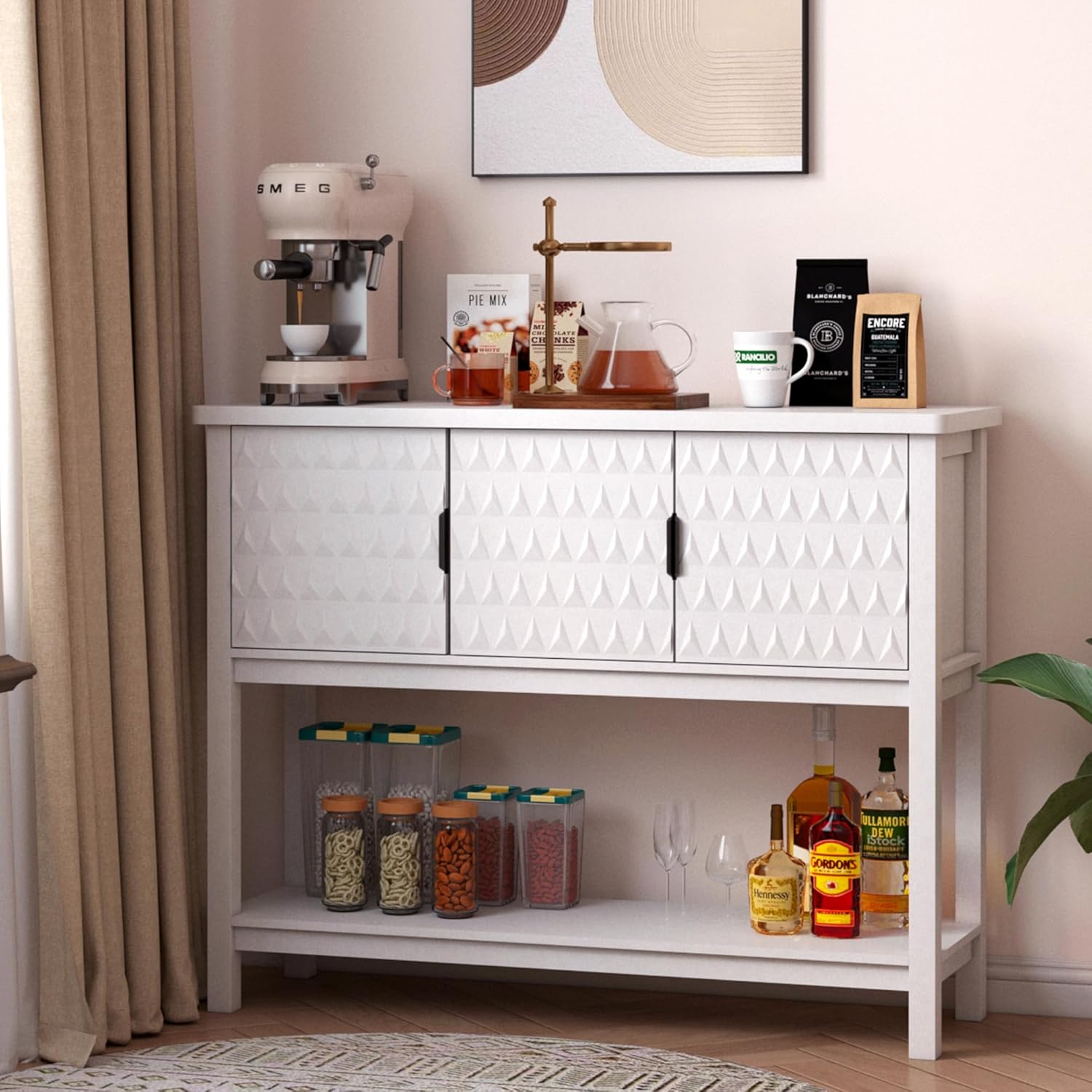 Modern Console Table with 3 Diamond Pattern Doors, Wood Entryway Table with Storage, Behind The Couch Sofa Table for Hallway, Living Room, Foyer, Dining Room, White