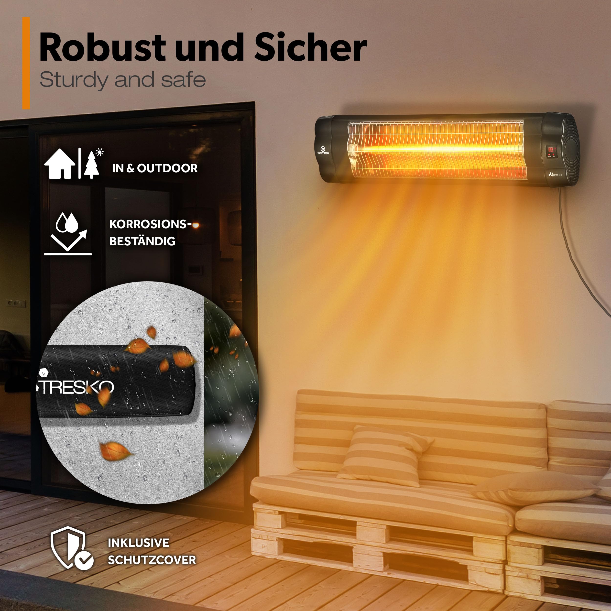 TRESKO Infrarot Heizstrahler 2500W mit Fernbedienung | Wärmestrahler Terrasse elektrisch mit 3 Heizstufen | Terrassenstrahler Innen & Außen | Wand-Infrarotstrahler mit LED-Anzeige Quarzstrahler