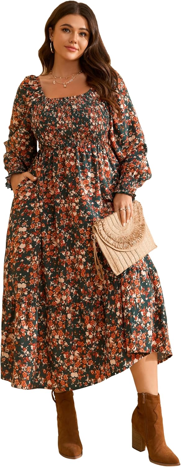 RWJ Women’s Plus Size Fall Dress Long Sleeve Square Neck Floral Print Smocked A Line Boho Flowy Maxi Dresses with Pockets