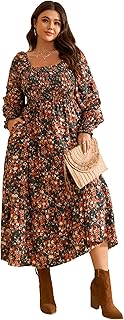 Women's Plus Size Fall Dress Long Sleeve Square Neck Floral Print Smocke...