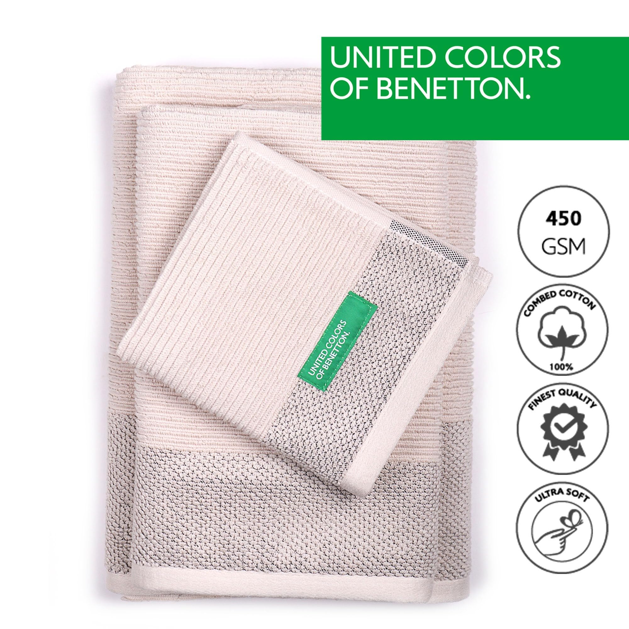 Set de 4 Juegos de 3 Toallas (4X 30x50cm + 4X 50x90cm + 4X 70x140cm) 450GSM de 100% Algodón - Verde, Gris, Gris Oscuro y Beige Benetton