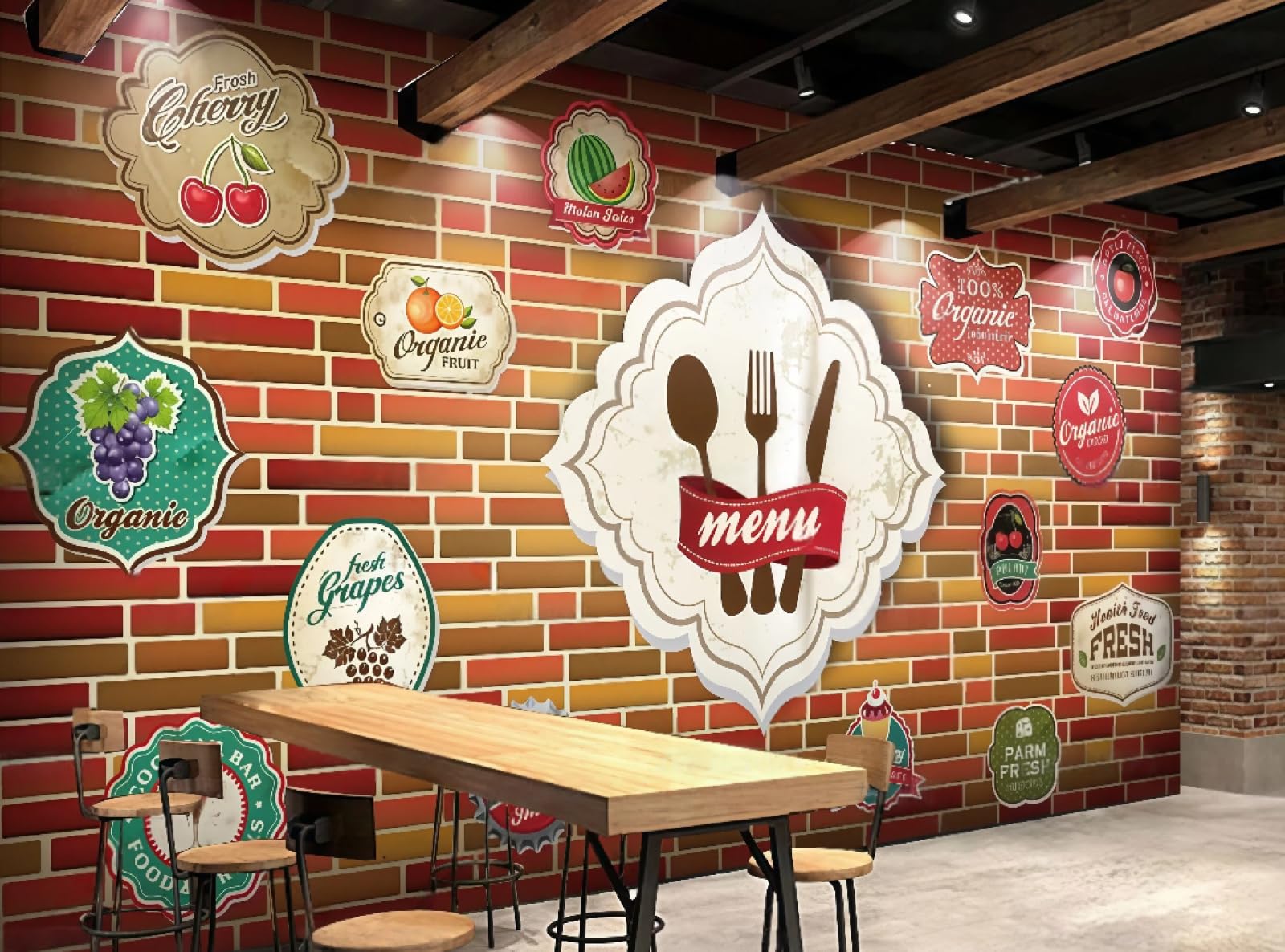 XDOUBAO Wallpaper Fashion Brick Wall Hand-Painted Fruit Drink Shop Bar Theme Afternoon Tea Western Restaurant Background Wall Wallpaper Coffee Shop Mural,3D,150x105cm