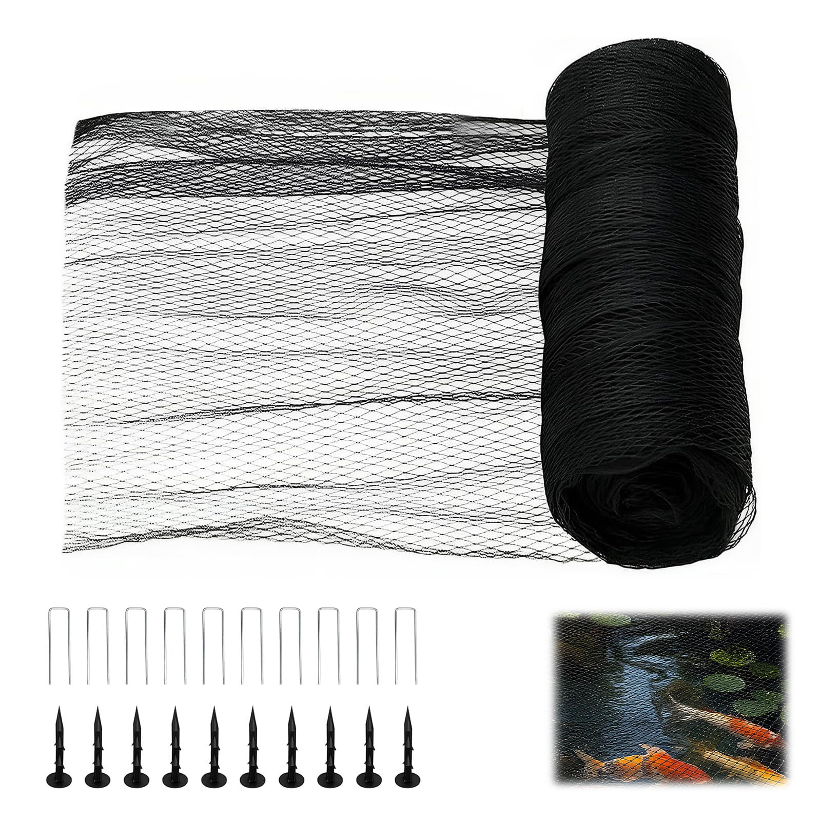 21Pcs Pond Nets for Fishing Ponds, Heavy Duty Pond Netting Kit with 20 Pegs, Cover to Keep Heron Away & Protect Koi from Birds and Leaves Debris