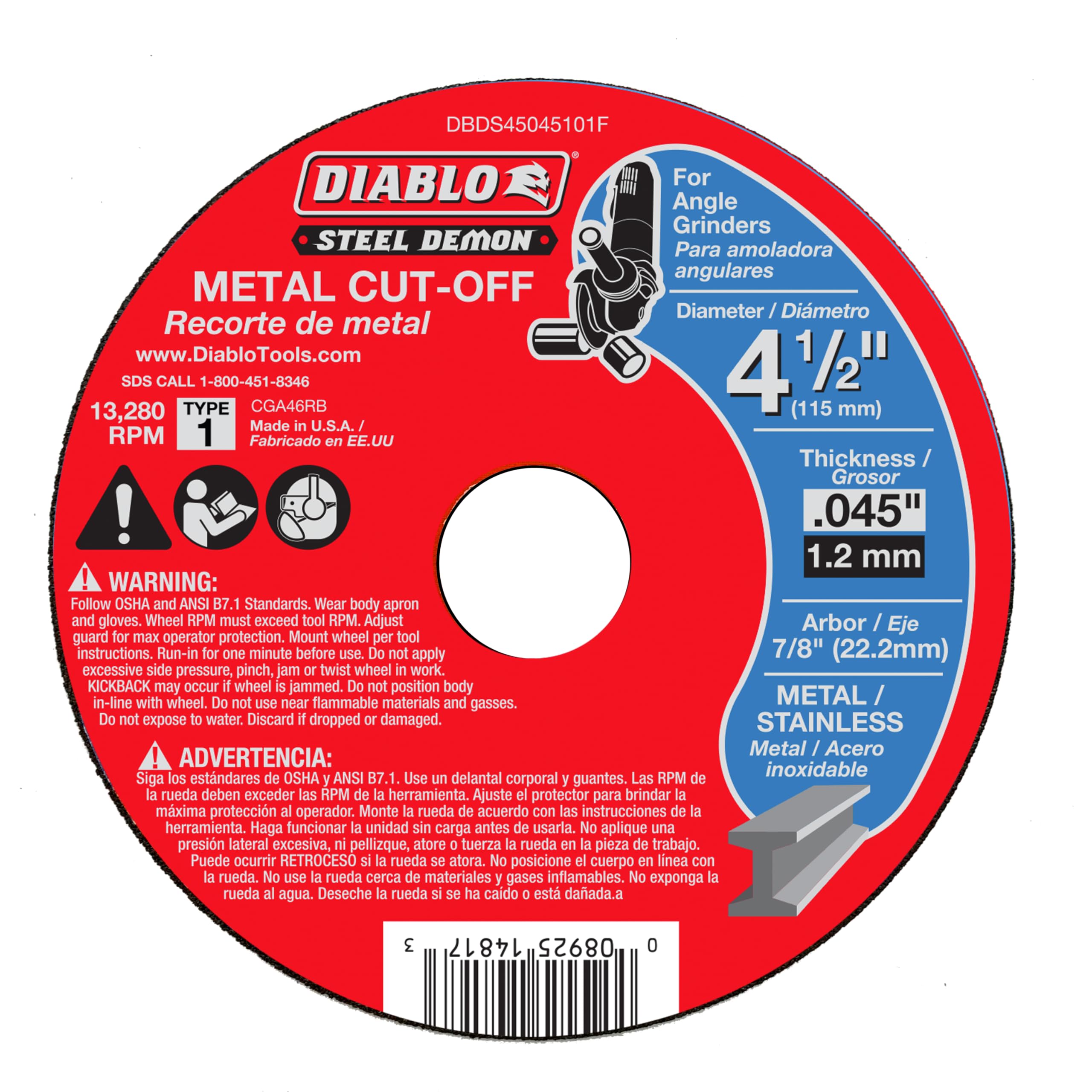 Diablo Type 1 Steel Demon Metal Cut-Off Disc - 4-1/2" Diameter, 7/8" Arbor, 1 Hub Type, 0.045" Thickness, 13280 Max RPM - DBDS45045101F