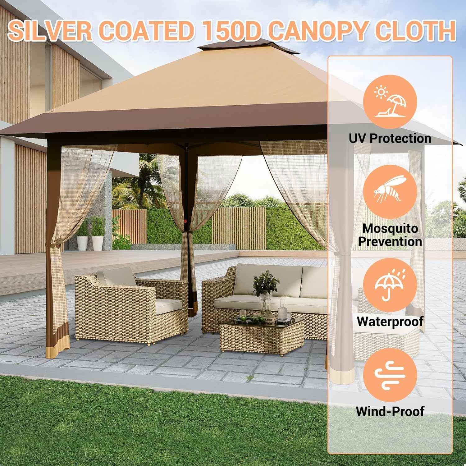 13’x13‘ Pop Up Gazebo, Outdoor Canopy Tent with Mosquito Netting, Pop Up Canopy with Double Roof Design & Adjustable Height, UV-Resistant Patio Gazebo Sunshade for Graden/Backyard/Lawn/Beach (Khaki)