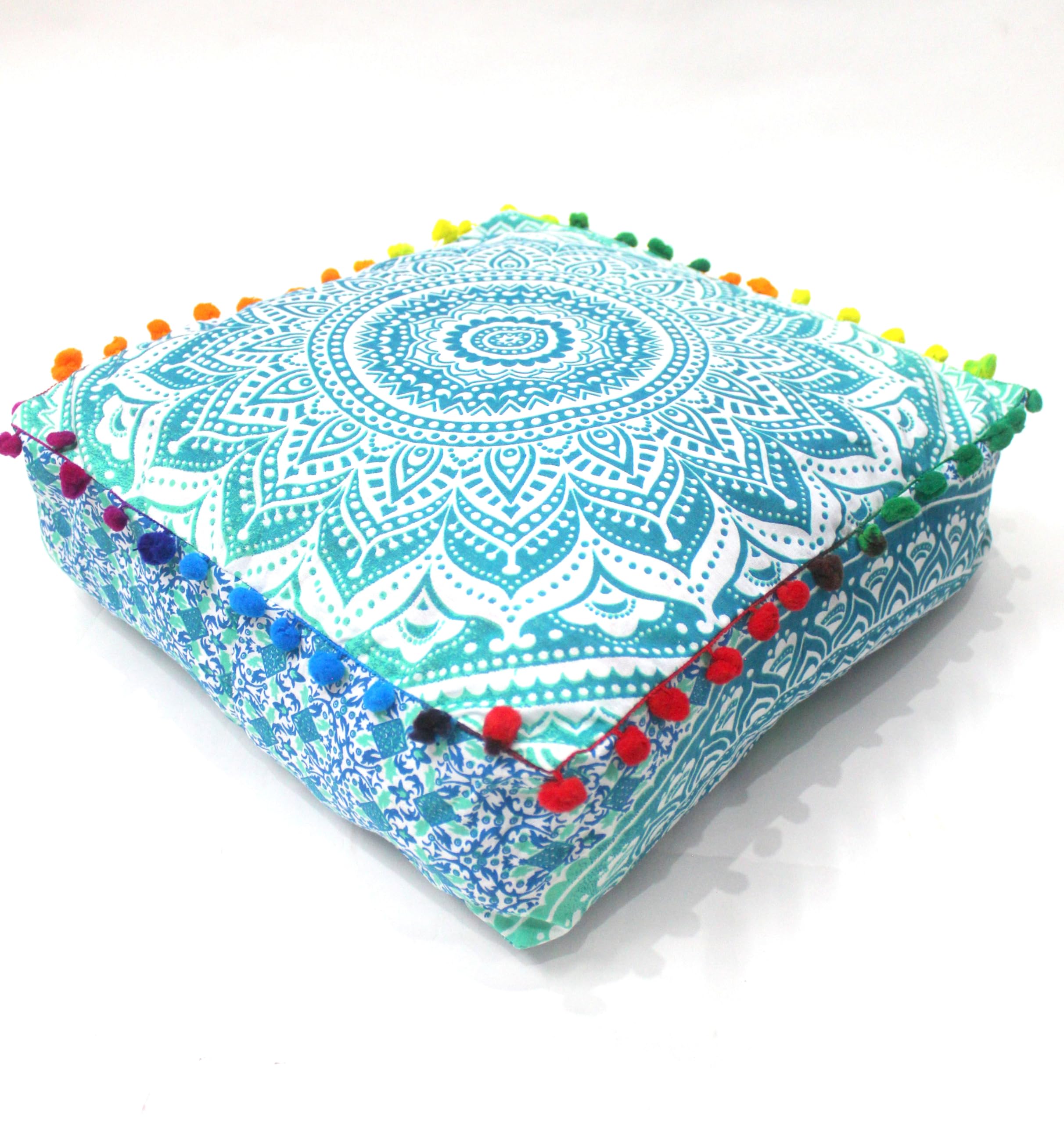 CRAFT KALA Green Ombre Large Hippie Mandala Meditation Floor Ottoman Pillow Cushion Pouf Cover Square Poufs Bohemian Circle Floor Cushion Case Outdoor Fireplace Yoga Living Room Decor Cover 24" Square