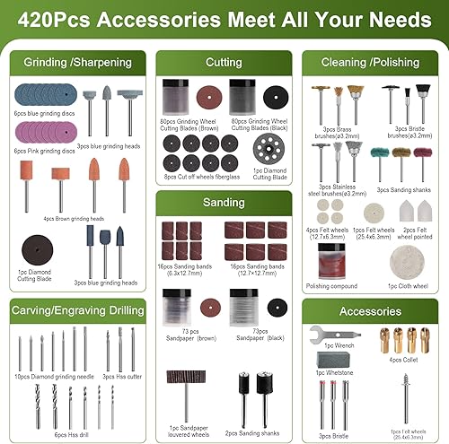 Miniatura 10 de PHALANX Kit de herramientas rotativas inalámbricas de 8 V, batería de 2.0 Ah recargable con 73 accesorios, luz LED de 5 velocidades, ideal para