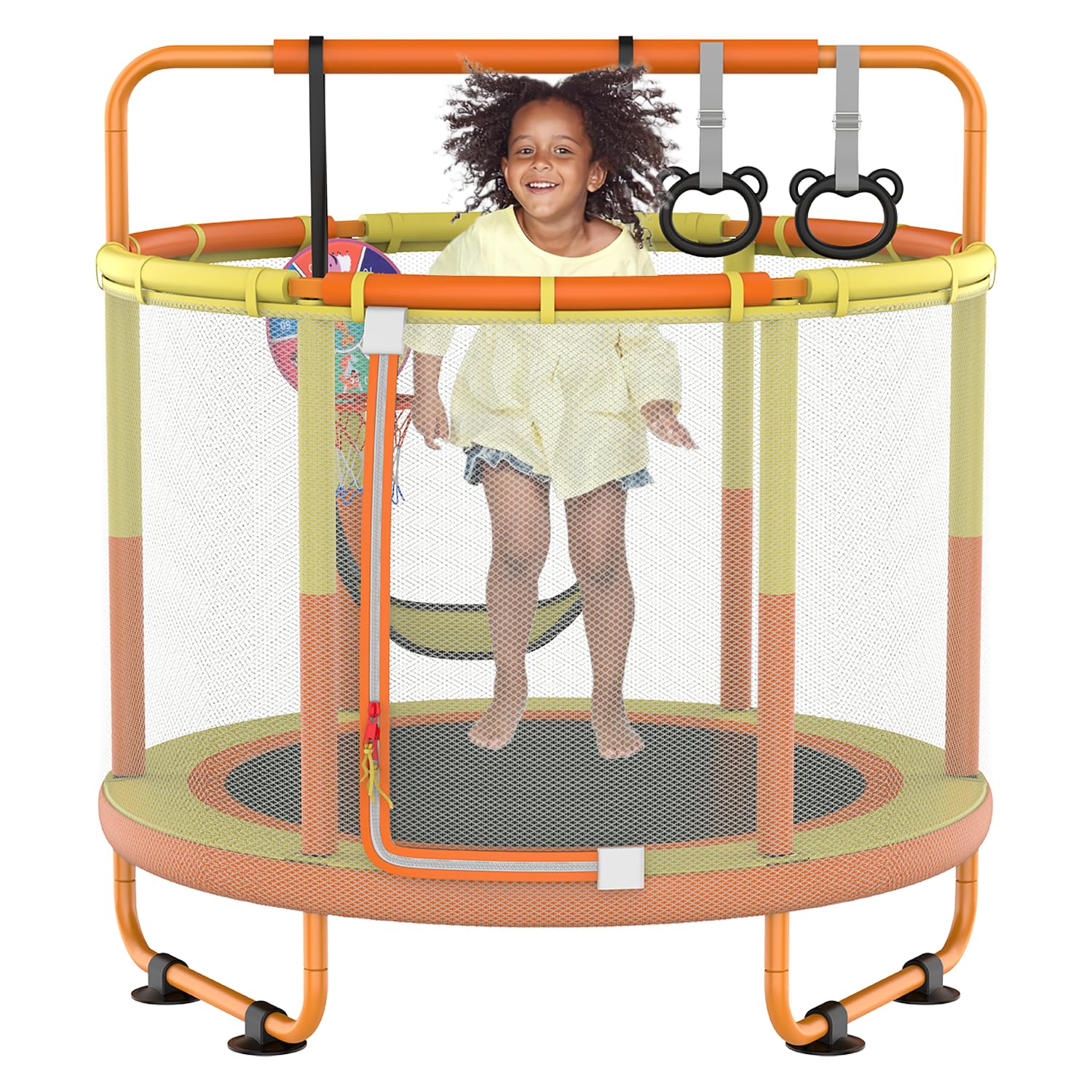 CZCPAPY Trampolín para Niños, Trampolín para Niños al Aire Libre, Uso Interior y Exterior, con Red de Seguridad, Cesta, Postes, Columpios, Regalo para Niños (amarillo naranja)