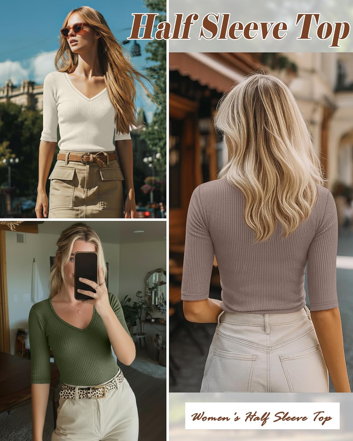 Riyiper 3 Pack Women's Half Sleeve Top Elbow Length Ribbed Cotton T Shirt Women V Neck Summer Tee Slim Fit Casual Blouses - Image 4