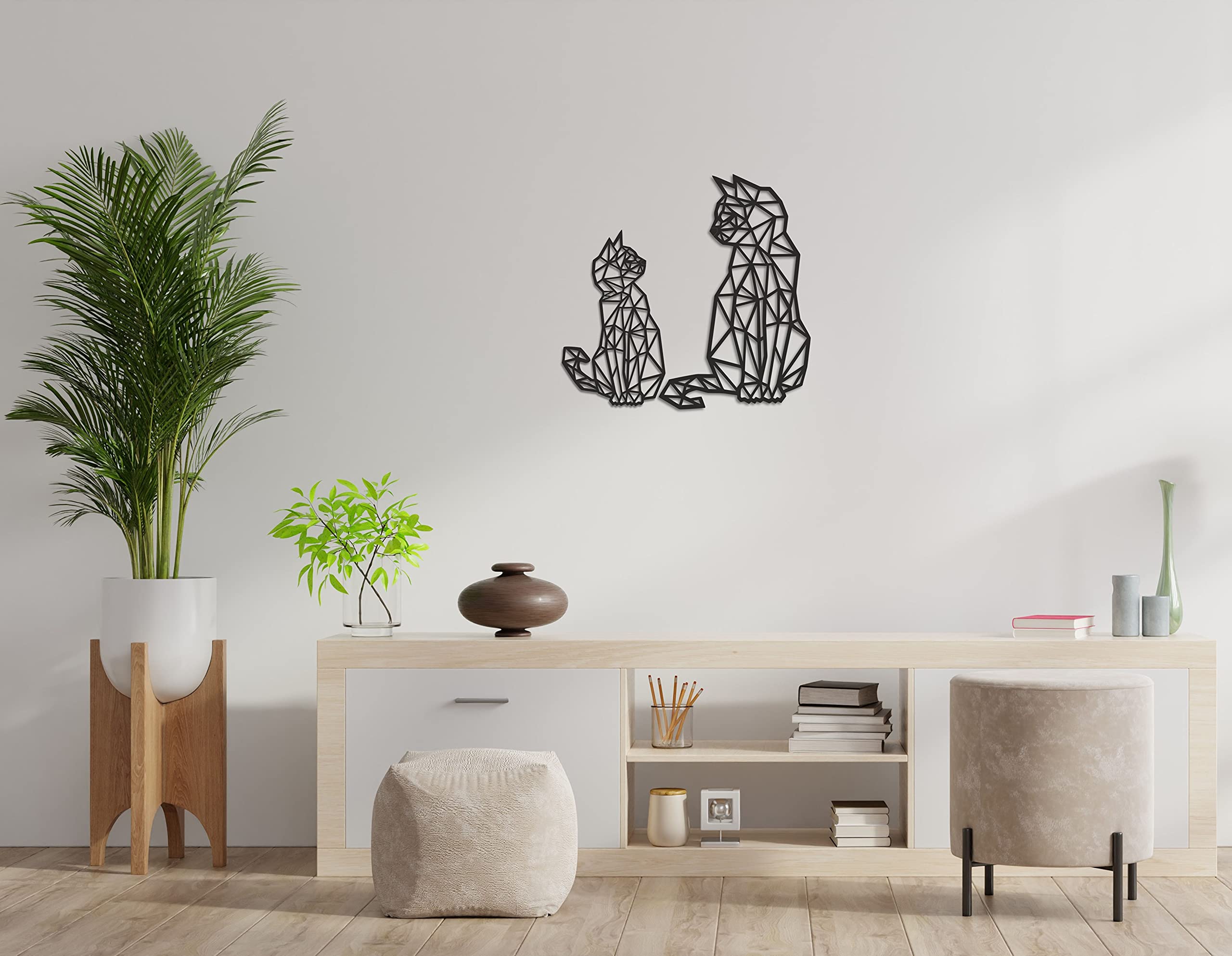 Panneau Décoratif Chat En Bois HDF Noir - 40x26 Cm Et 30x18 Cm - Ornement Mural Géométrique Élégant