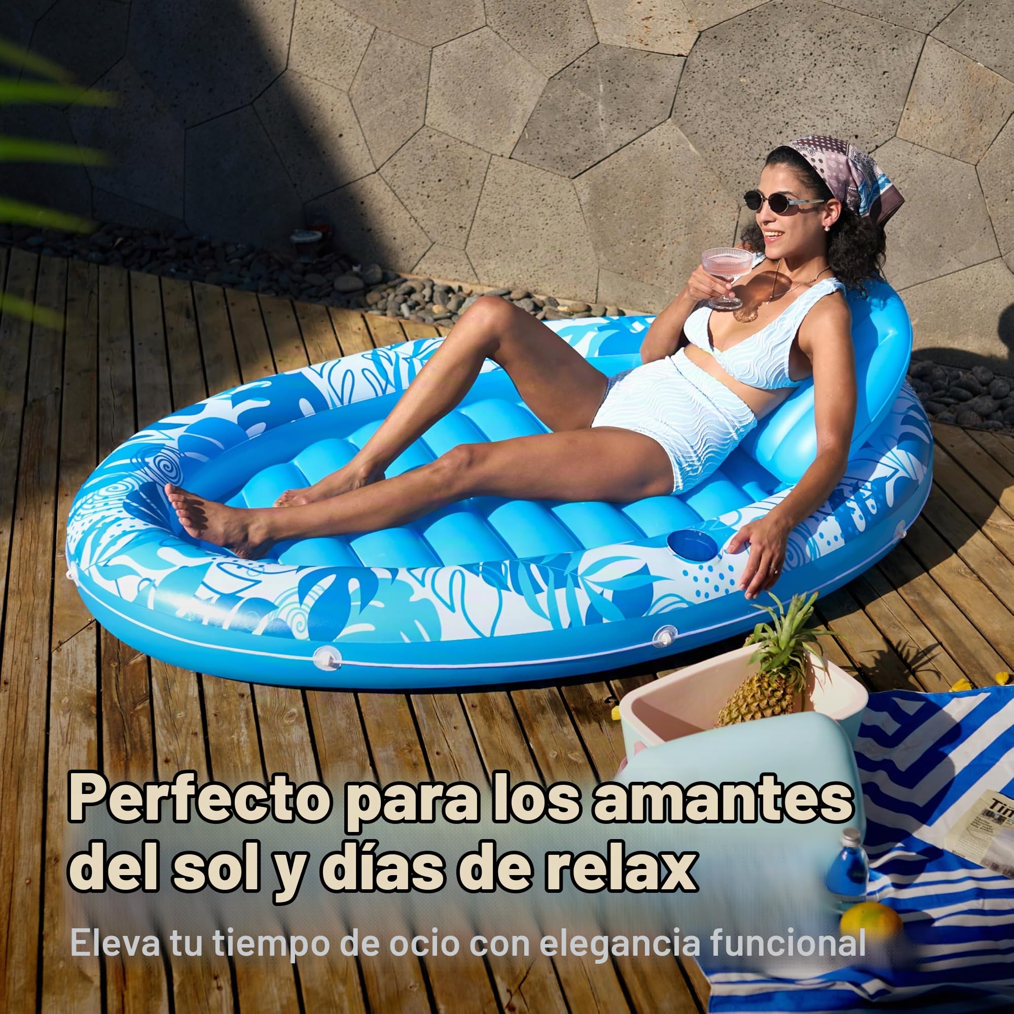SLOOSH Flotador inflable para alberca de bronceado, 70 x 50 pulgadas, flotadores de piscina para adultos con almohada, flotador ovalado de balsa bronceadora, cama para tomar el sol para inflar agua