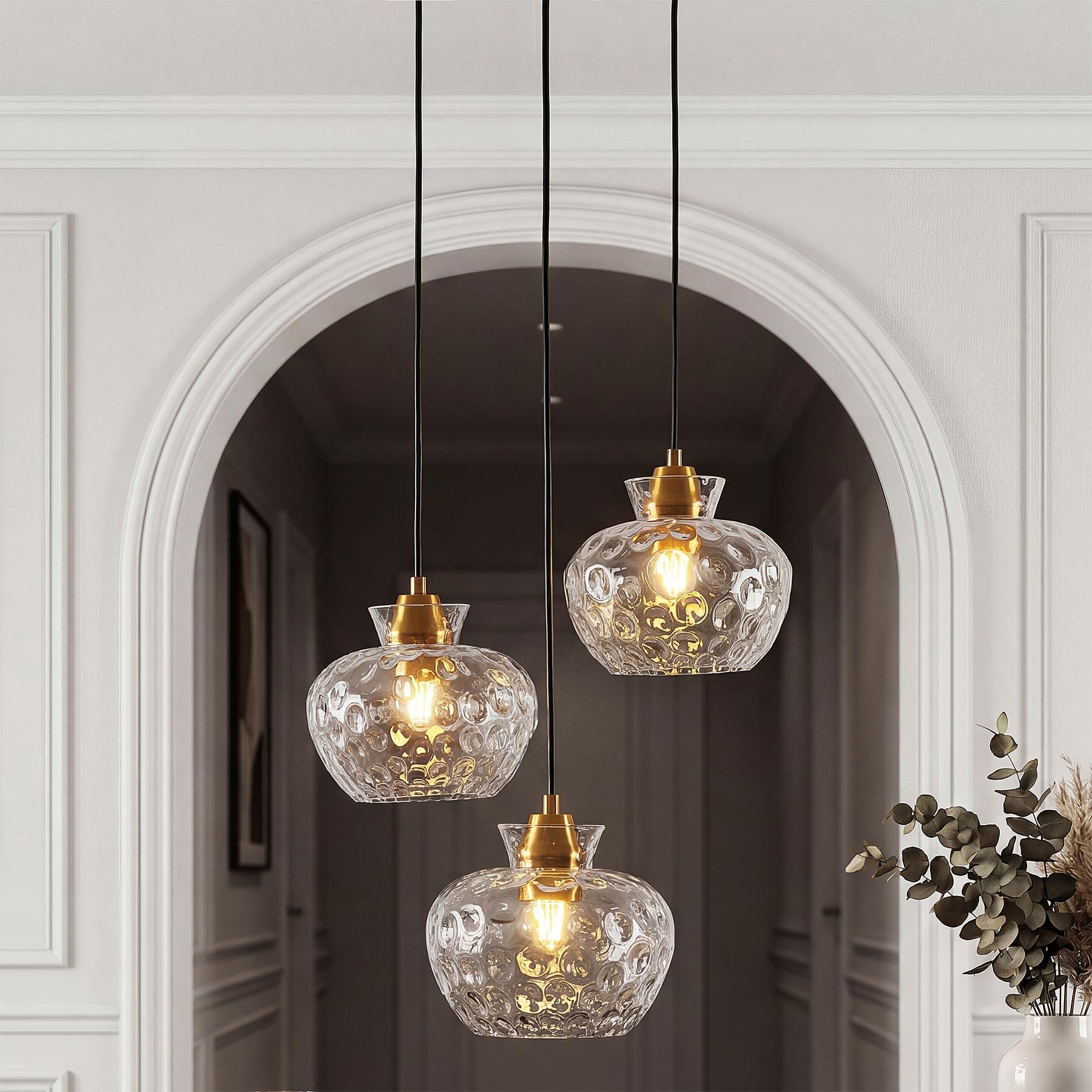 Tribesigns Pendelleuchte 3 Flammig, Vintage Hängelampe mit Wasserriffel Glas, Höhenverstellbare Hängeleuchte Esstisch, E27 Glas Pendelleuchte für Esszimmer, Küche, Wohnzimmer, Schwarz