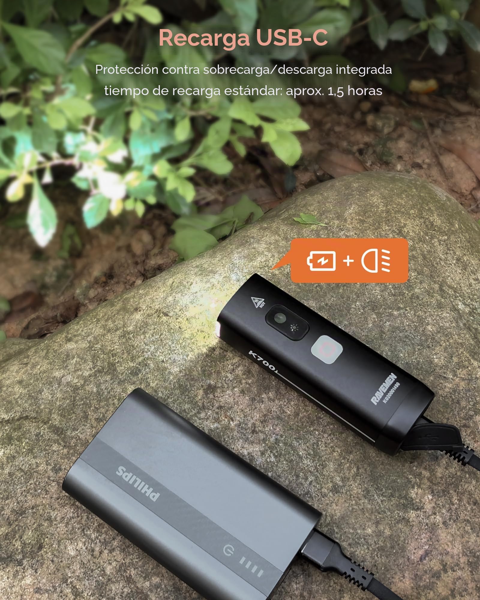 RAVEMEN K700 Faro de Bicicleta, 700 Lúmenes Modo de Luz Diurna Inteligente USB-C IPX7 Resistente al Agua 4 Modos Adecuado para Desplazamientos,Montar en Carretera