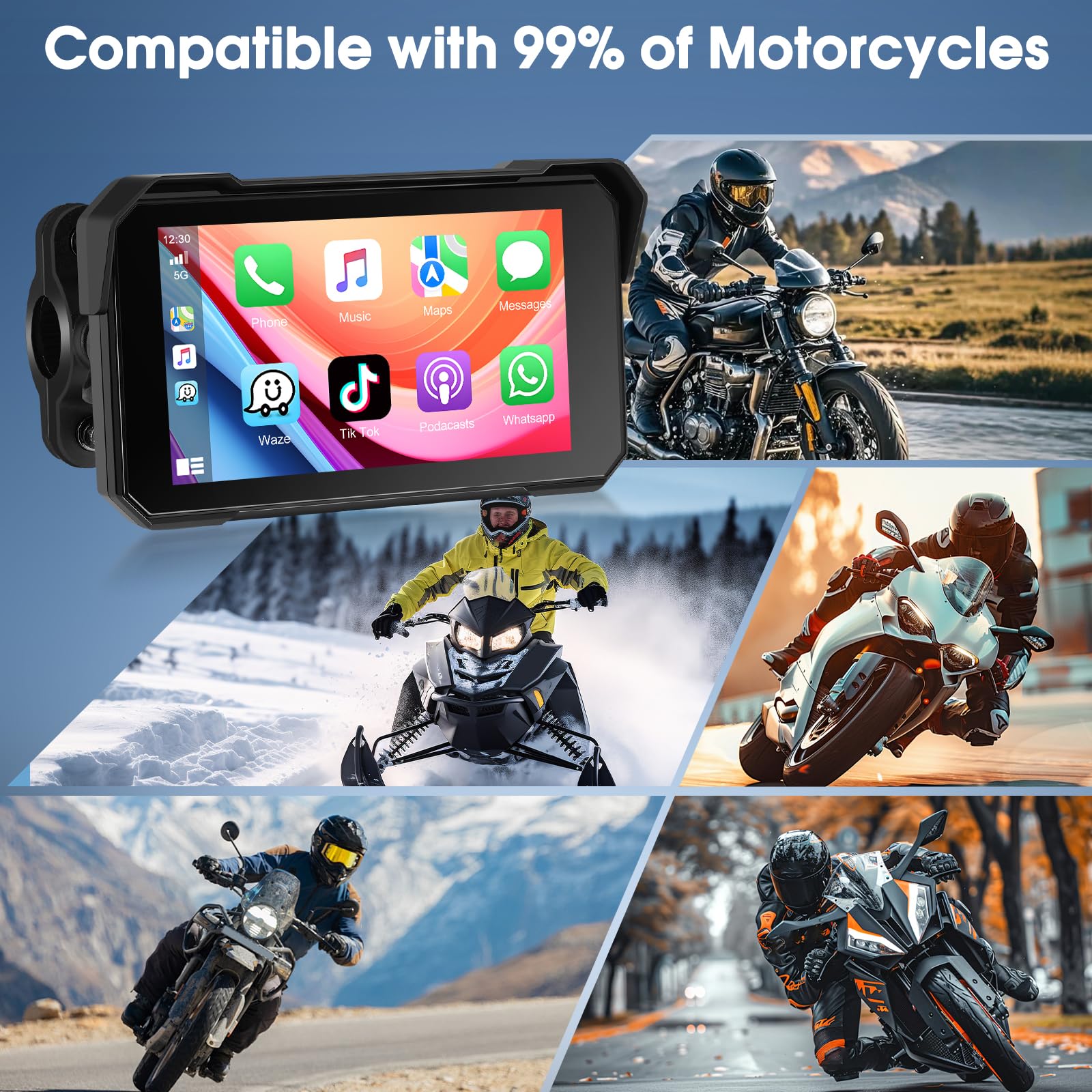 Navigatore Moto Wireless con Apple CarPlay Android Auto, IP68, Touchscreen 5 Pollici HD, GPS, Bluetooth 5.0