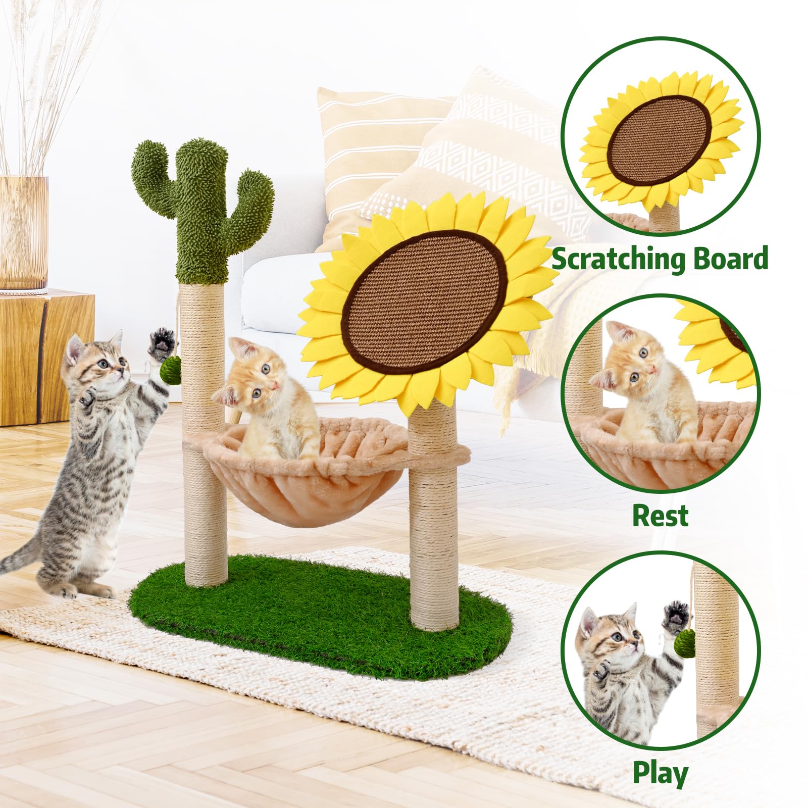Kmilro Cat Scratching Post, Cactus Sunflower Cat Scratcher with Hammock