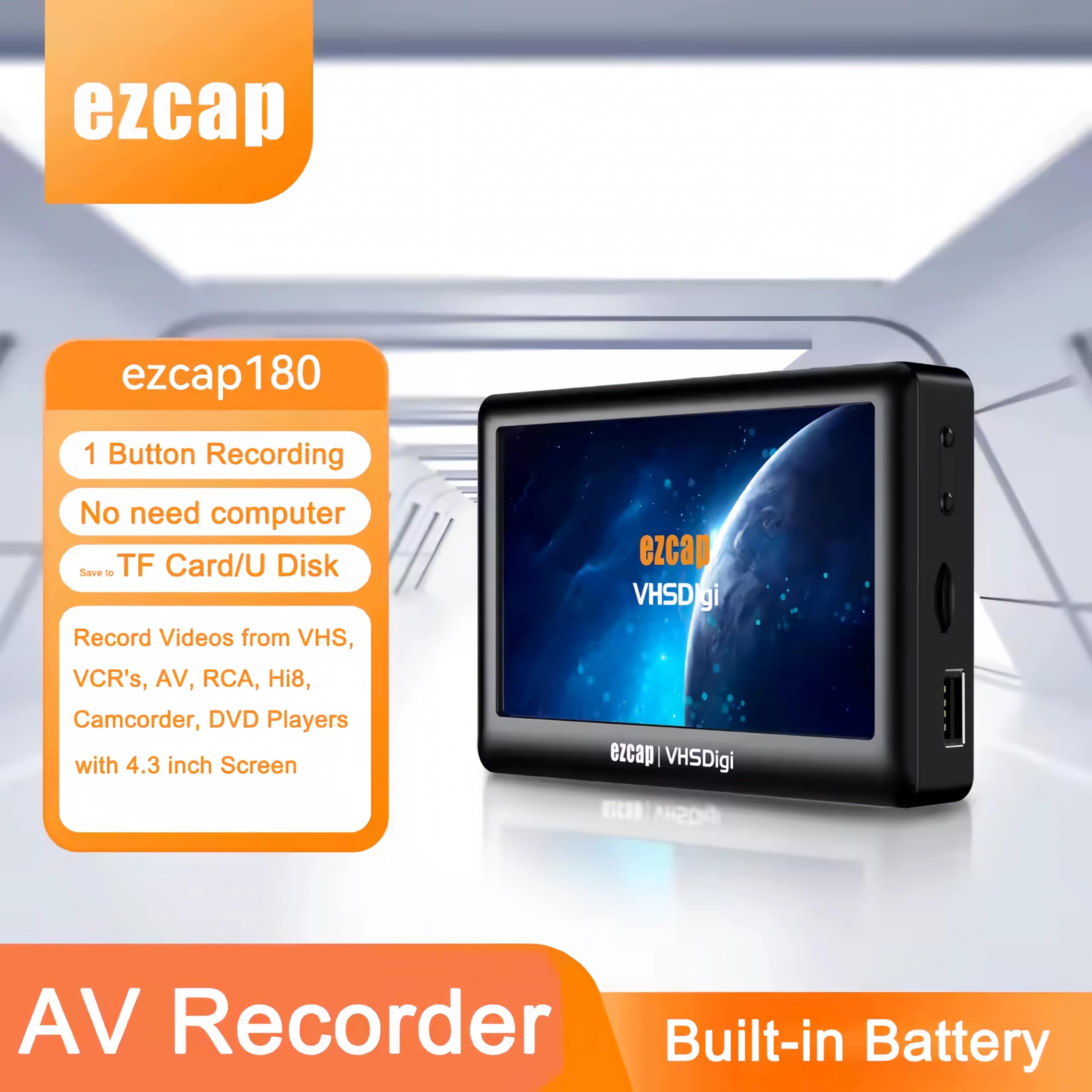 A41D VHS Digitalizador AV RCA a MP4 MP3 Convertidor con pantalla TFT de 4.3 pulgadas Grabber de vídeo USB Micro SD Grabador HDMI Salida USB-C para VHS VCR Hi8 videocámara PAL NTSC