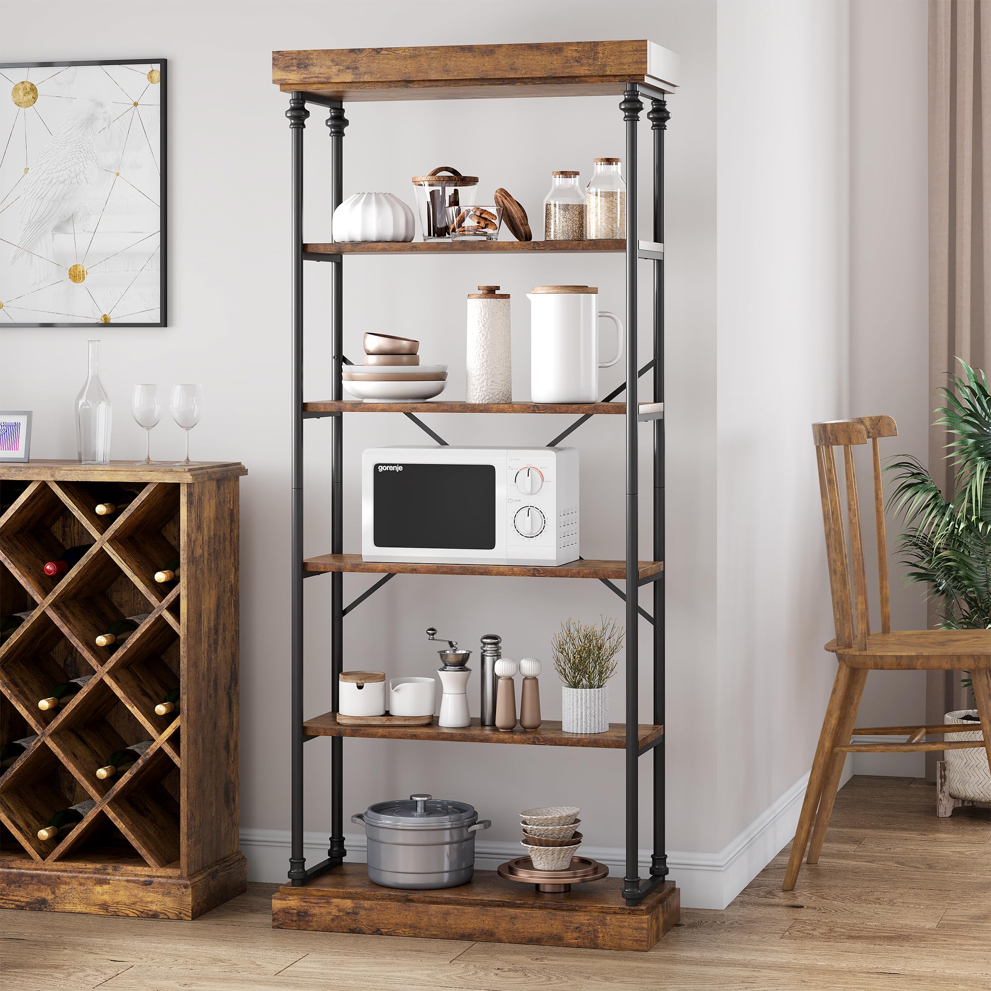 Garvee Estantería de Libros Alta de 5 Niveles – Estilo Industrial Independiente – Estructura de Metal Negro y Madera – Estantes Abiertos para Oficina, Sala de Estar, Dormitorio, Cocina, 190cm, Marrón