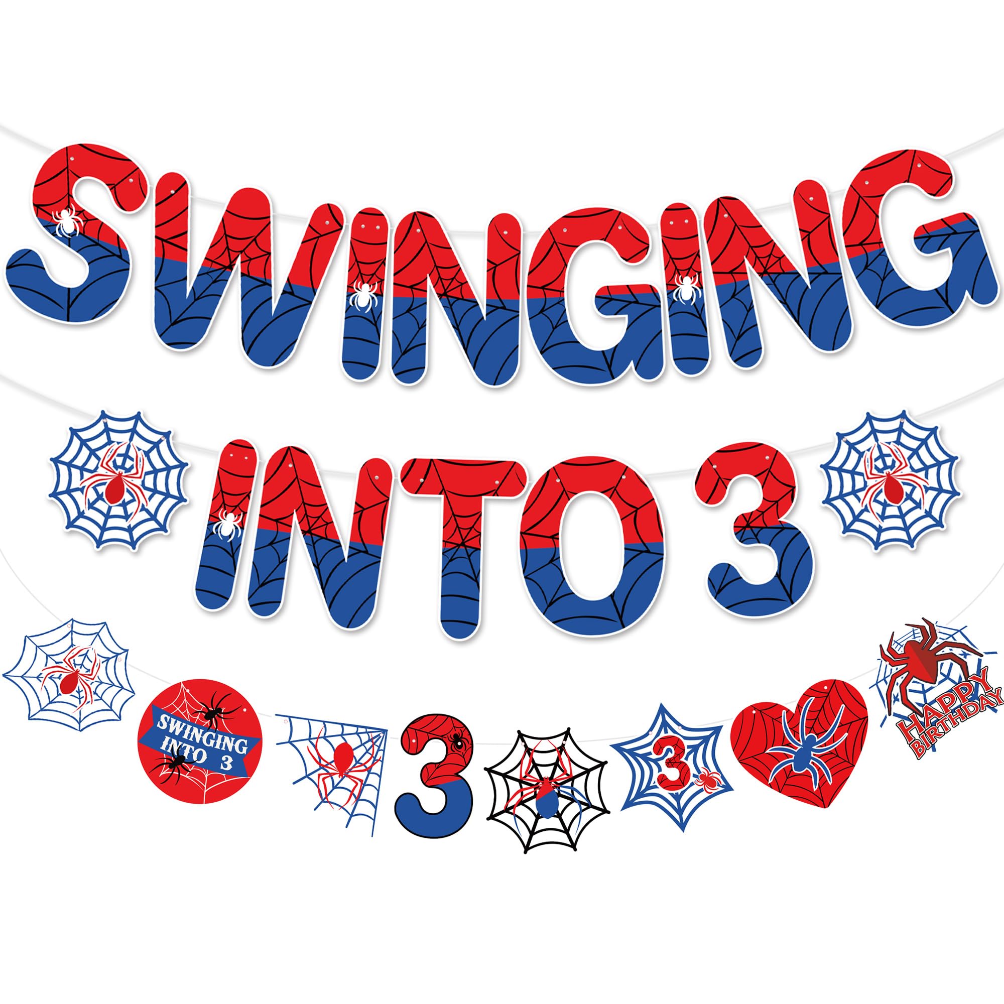 Spider 3rd Birthday Decorations Banner, Swinging into 3 Banner Garland