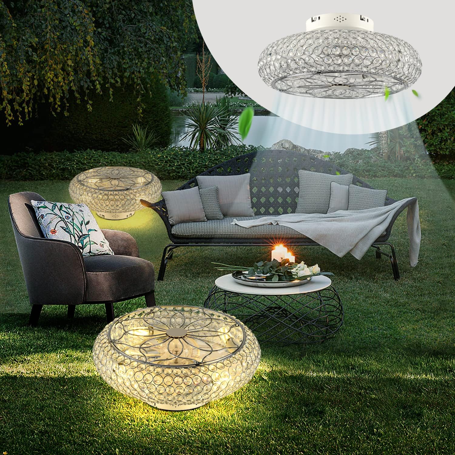 Caged Crystal Ceiling Fans with Lights and Remote,20" Flush Mount Low Profile Ceiling Fan with Light,6 Speed Enclosed Ceiling Fan with Reversible Motor for Bedroom Kitchen Living Room