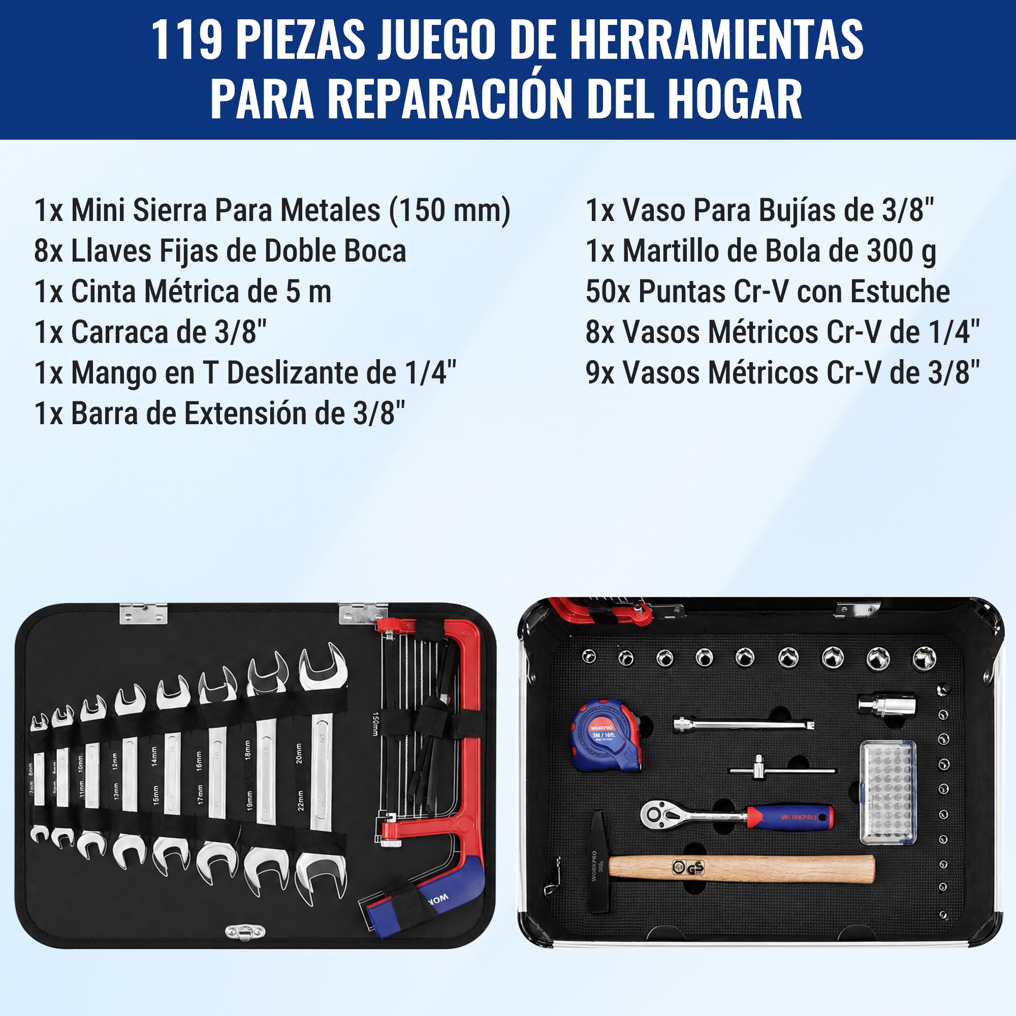 WORKPRO 119 PC Maletín de Herramientas Completas, Caja Herramienta Metálica, Herramientas Universales, Kit Versátil Herramientas Portátil para Reparaciones Diarias, Perfecto Hogar y Oficina | Caja De Herramientas Con Herramientas Manuales Universales, Ide