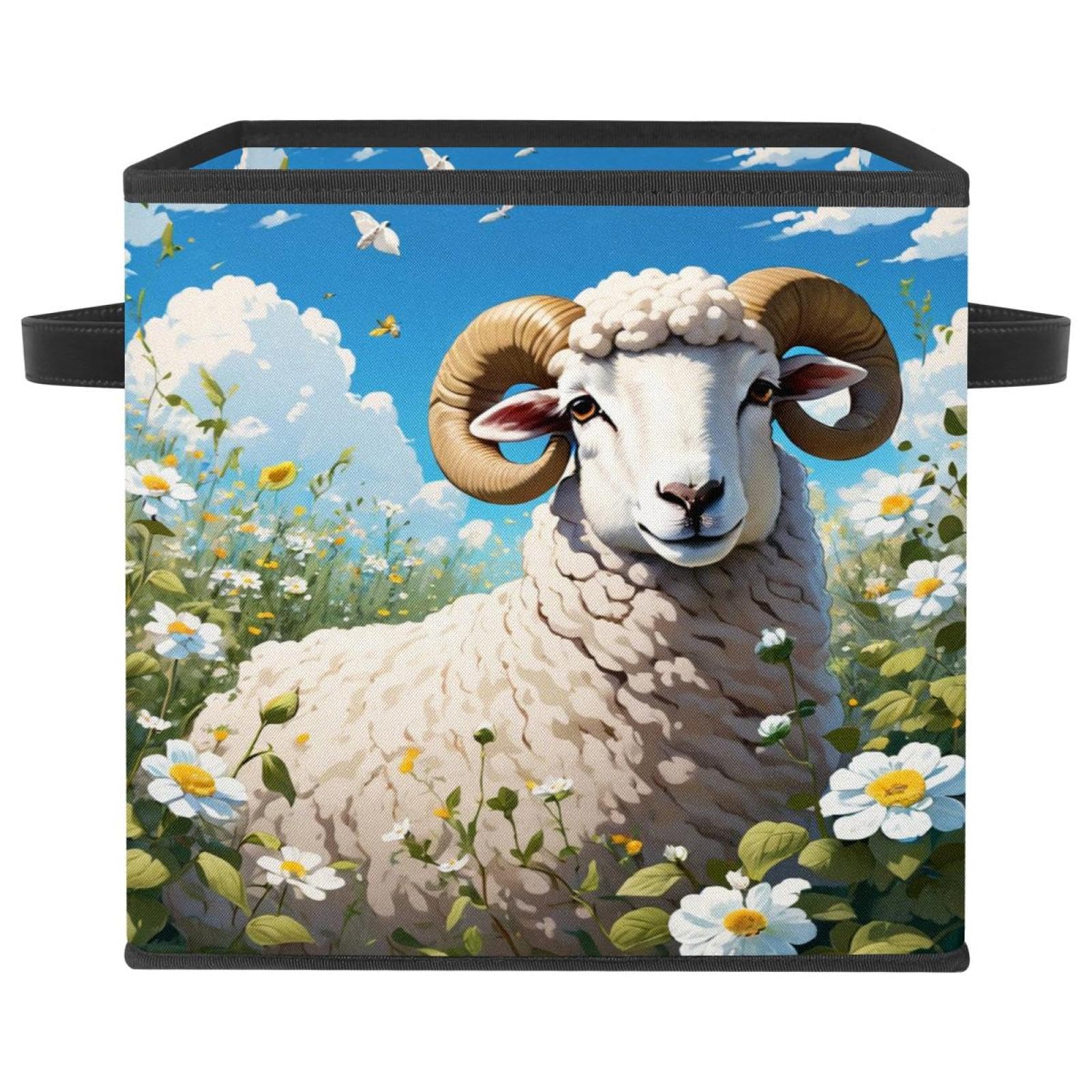 Cube de rangement durable poignées en cuir design mouton et fleur