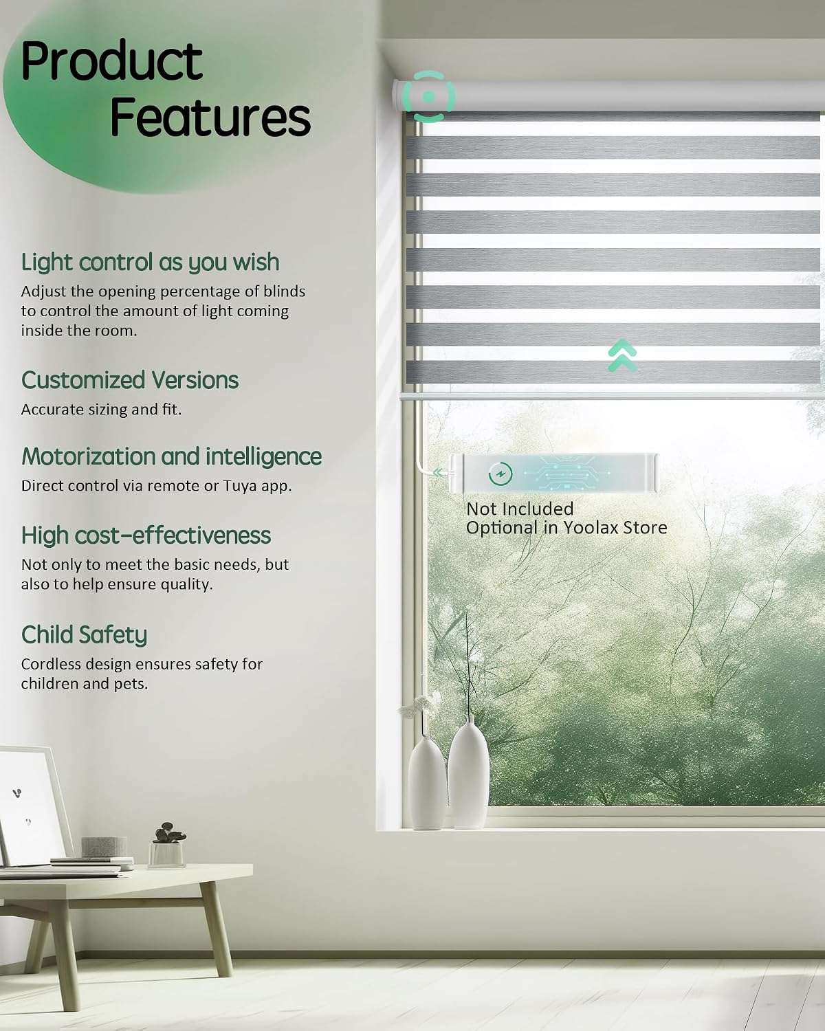 Yoolax Motorized Zebra Blinds, Remote Zebra Shades for Indoor Windows, Motorized Shades with Remote Light Control Horizontal Window Blinds Custom Size(60% Shading Sheer Gray)