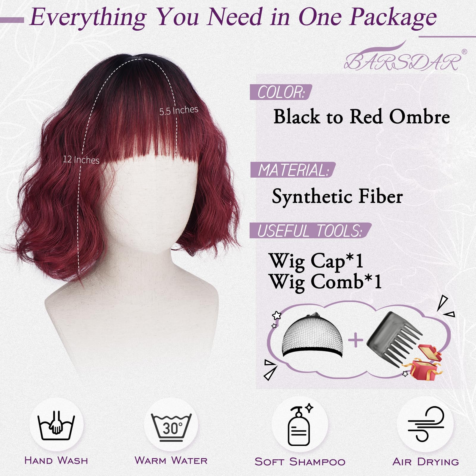 BARSDAR Short Wavy Ombre Red Wig with Bangs, Short Black to Red Ombre Bob Wigs for Women - Image 2