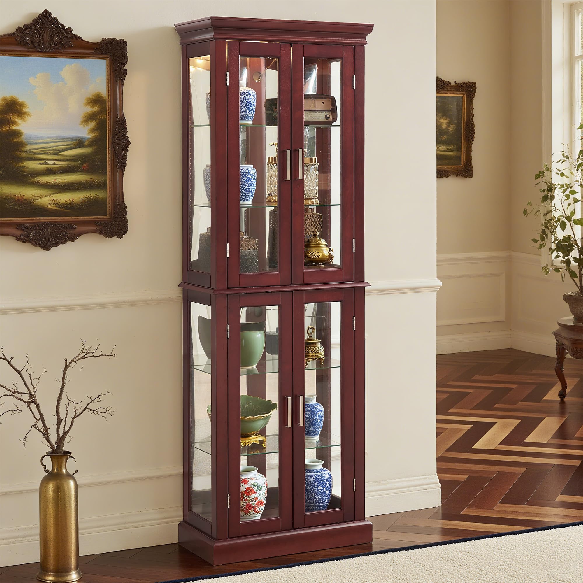 Lighted Curio Cabinet Wooden Display Cabinet with Adjustable Tempered Glass Shelves Vintage Accent Storage Cabinet with Mirrored Back & Tempered Glass Doors, Cherry