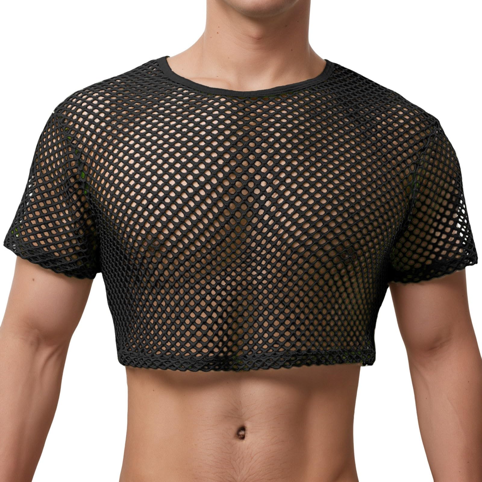 YOSUWOAI Fishnet Crop Top Men's Short Vests Mesh Transparent Crop Half Tank Tops Breathable Muscle Shirt Round Collar Mesh T-Shirts Undershirts 80s Disco Parties Outfit, O Black, XXL