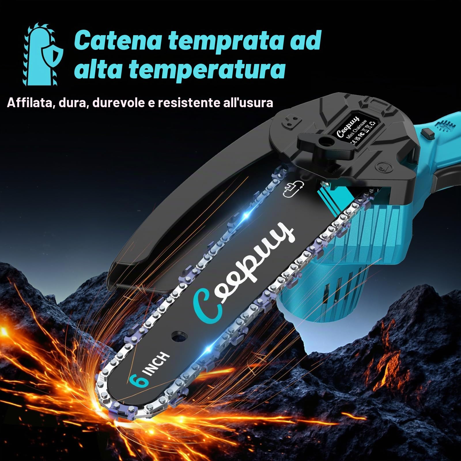 CEEPUY Mini motosega a batteria 2x4000 mAh, 6 pollici motosega elettrica senza fili con iniettore di olio e catena di ricambio, adatta per potatura di alberi da giardino (880W)