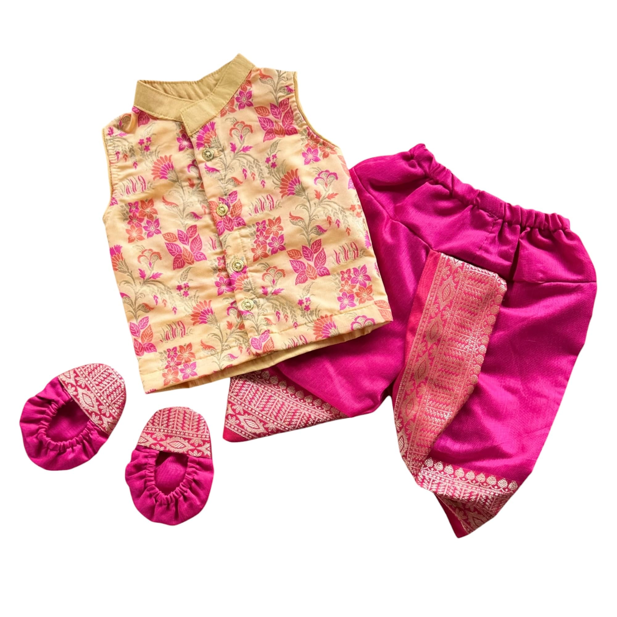picksparrow Baby Boys Silk Festive Short Kurta with Cotton Silk Dhoti Pant and Booties, Elegant Floral Print-picture-32