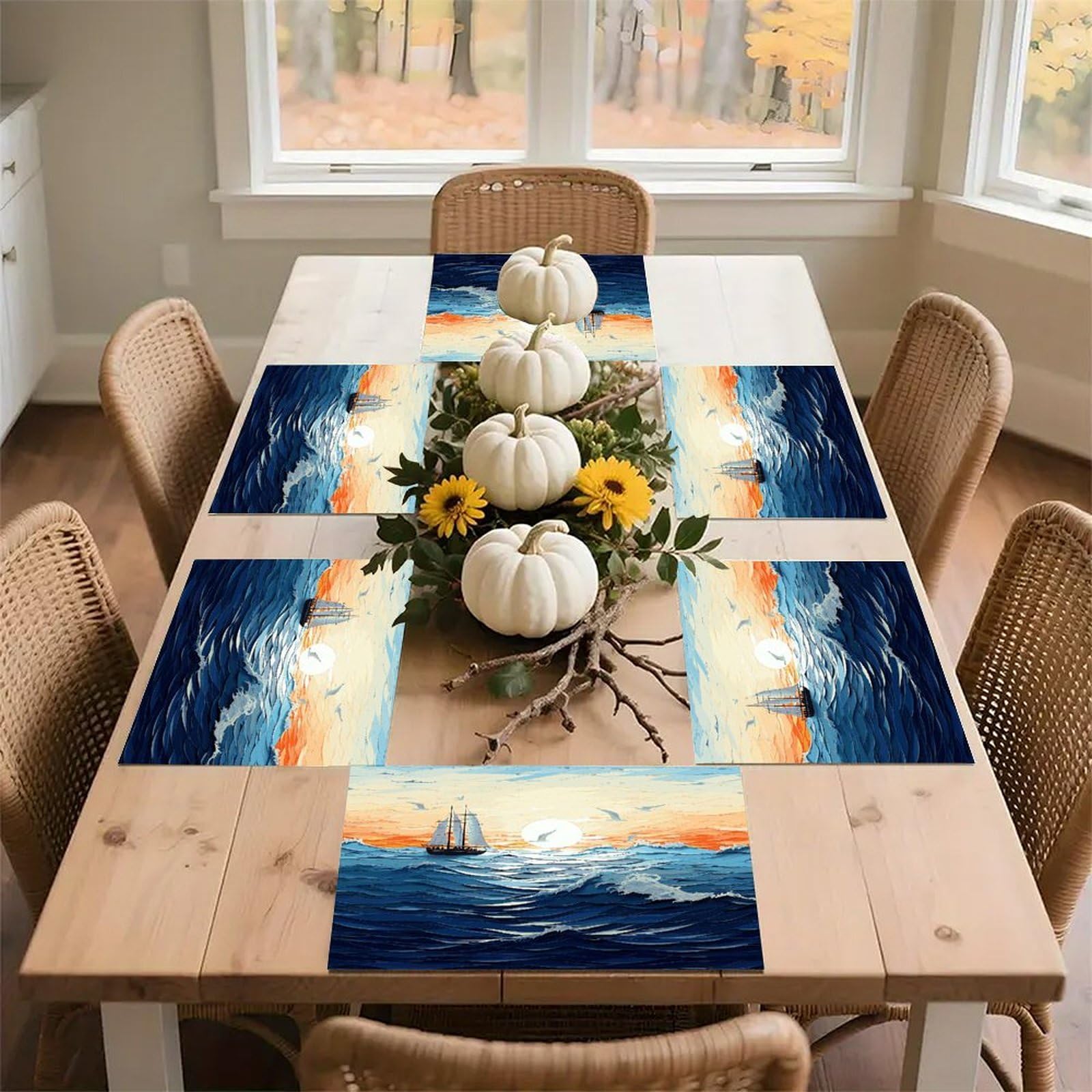 Ocean Waves Sailboat with Birds Maritime Placemats Wipeable Heat Resistant Table Mats Washable Flax Place Mats Elegant Cloth Non-Slip Placemat for Kitchen Dinning Party Table Decor 12 * 18 in