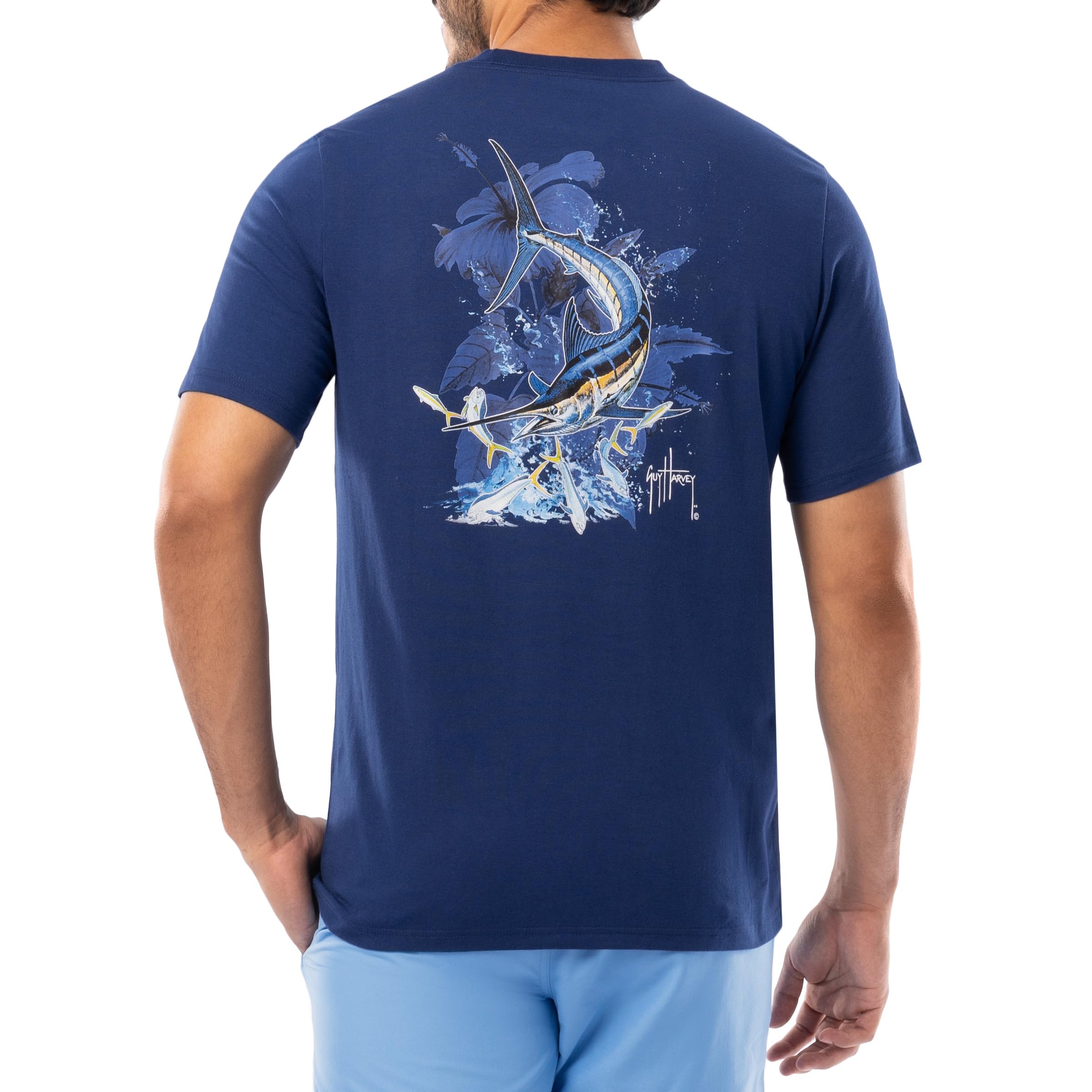 Guy Harvey Men's Floral Sail Short Sleeve Pocket T-Shirt, Estate Blue/Marlin Springs, Large